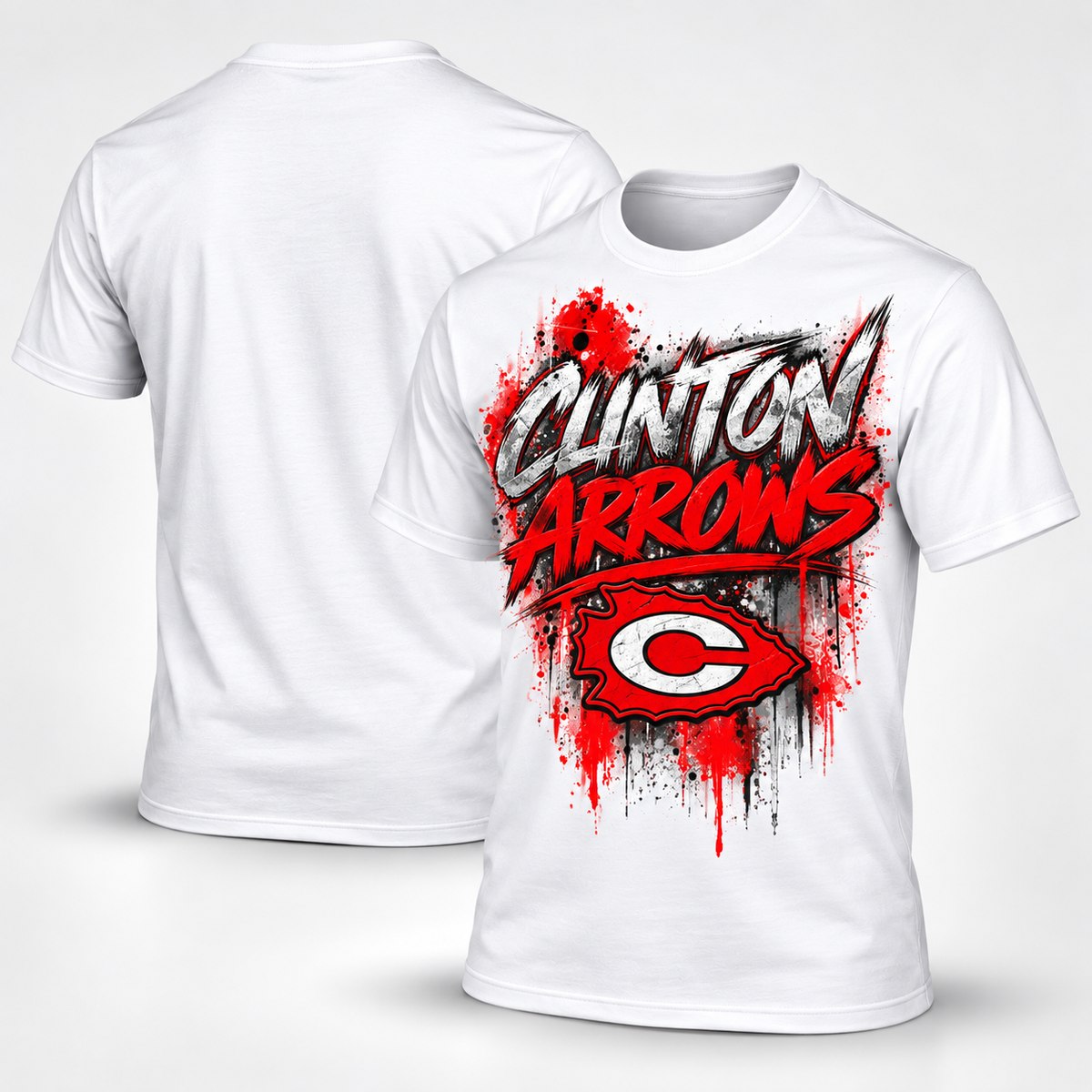 Clinton Arrows graffiti T-shirt in white, front and blank back view