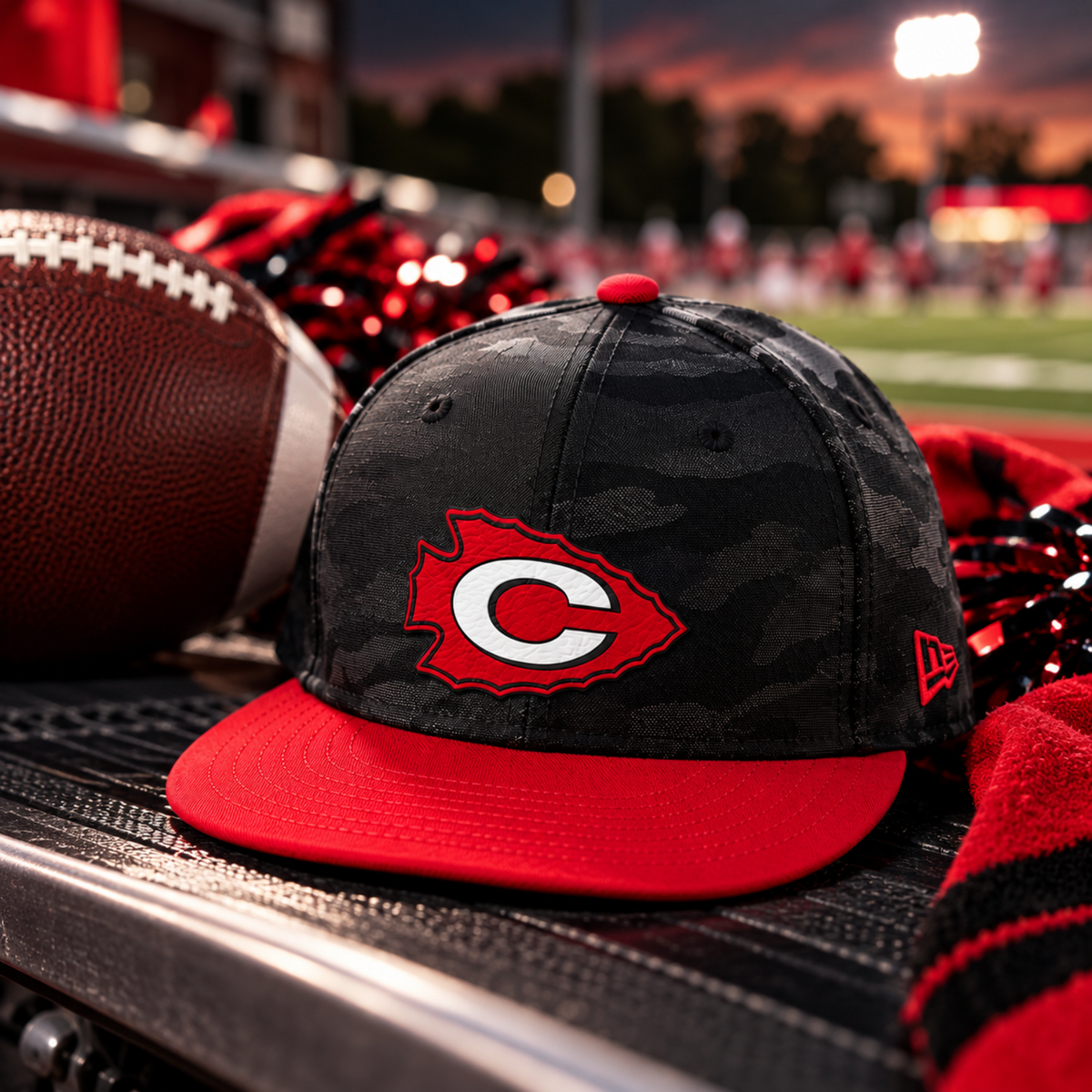 Clinton Arrows camo snapback cap with football game day setting