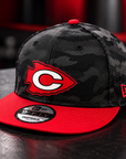 Side view of Clinton Arrows New Era camo snapback with New Era flag
