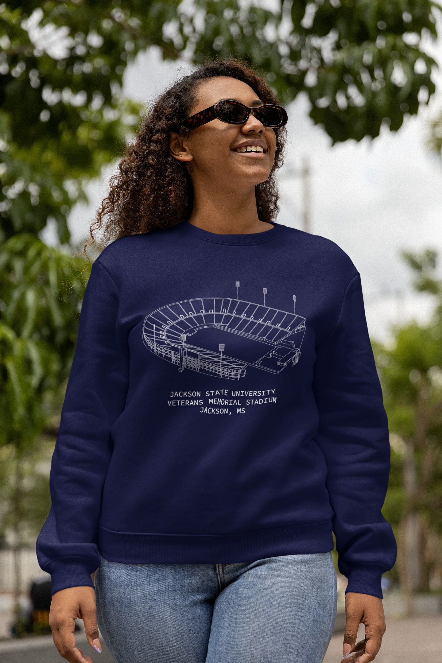 Navy crewneck sweatshirt with white stadium graphic on chest