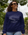 Navy crewneck sweatshirt with white stadium graphic on chest