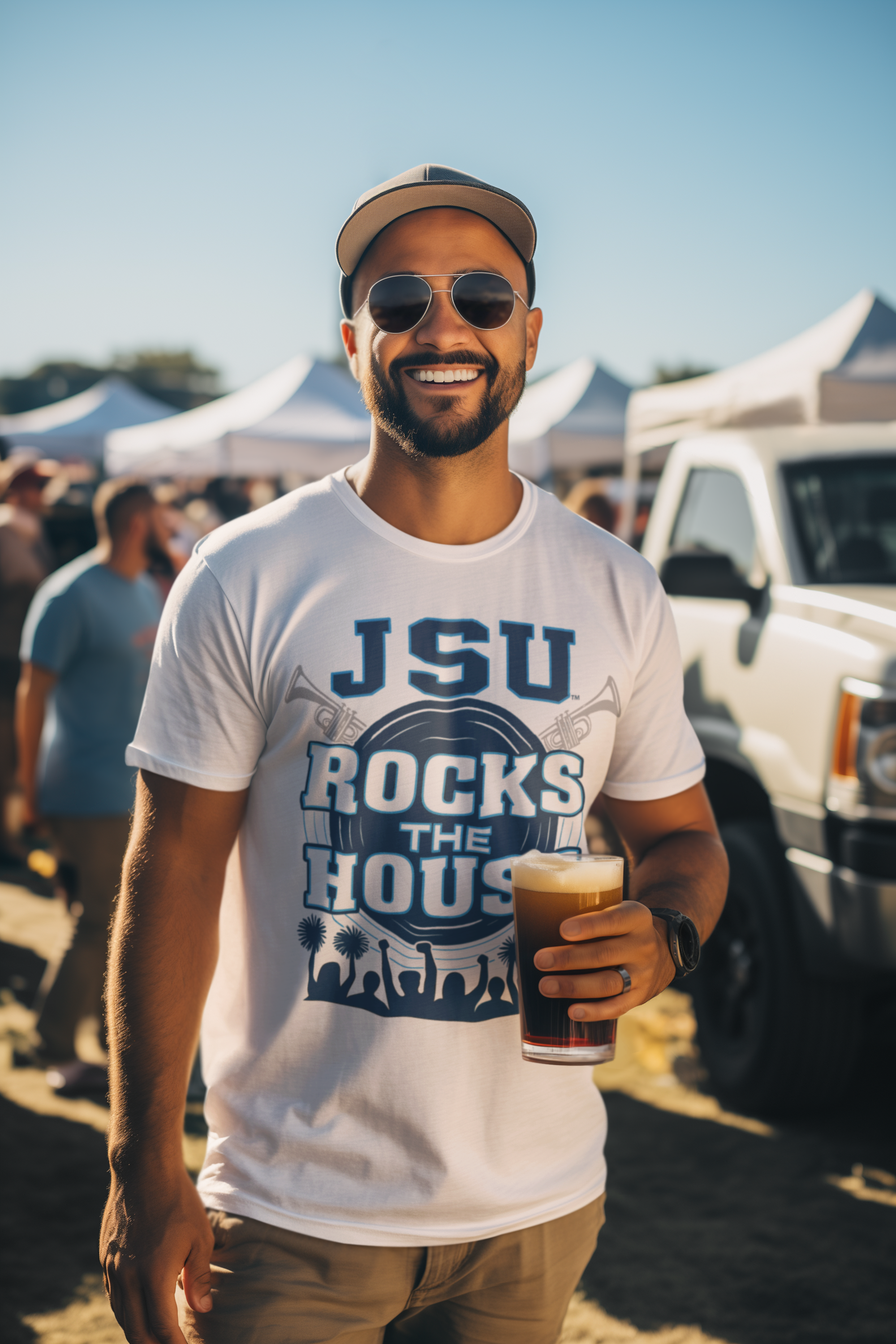 White unisex crewneck T-shirt with JSU Rocks the House front graphic