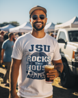 White unisex crewneck T-shirt with JSU Rocks the House front graphic