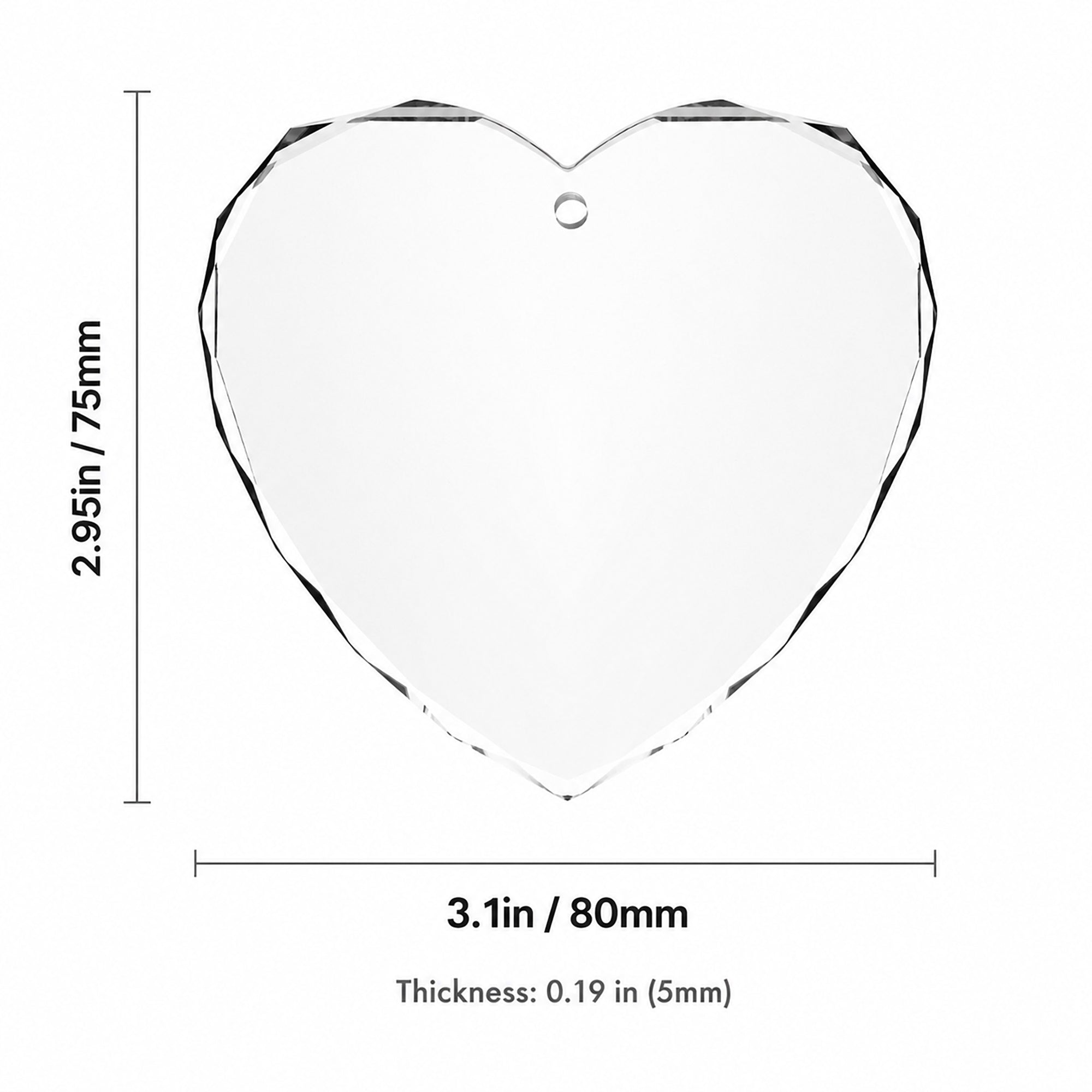 Crystal heart ornament blank with dimension diagram showing 3.1-inch width, 2.95-inch height, and 0.19-inch thickness on a clean white background. Faceted clear crystal design with hanging hole, ideal for personalized laser engraving or UV printing.