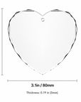 Crystal heart ornament blank with dimension diagram showing 3.1-inch width, 2.95-inch height, and 0.19-inch thickness on a clean white background. Faceted clear crystal design with hanging hole, ideal for personalized laser engraving or UV printing.