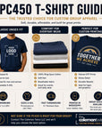 PC450 T-shirt guide with features and benefits of the t-shirts, including customization options and printing details.
