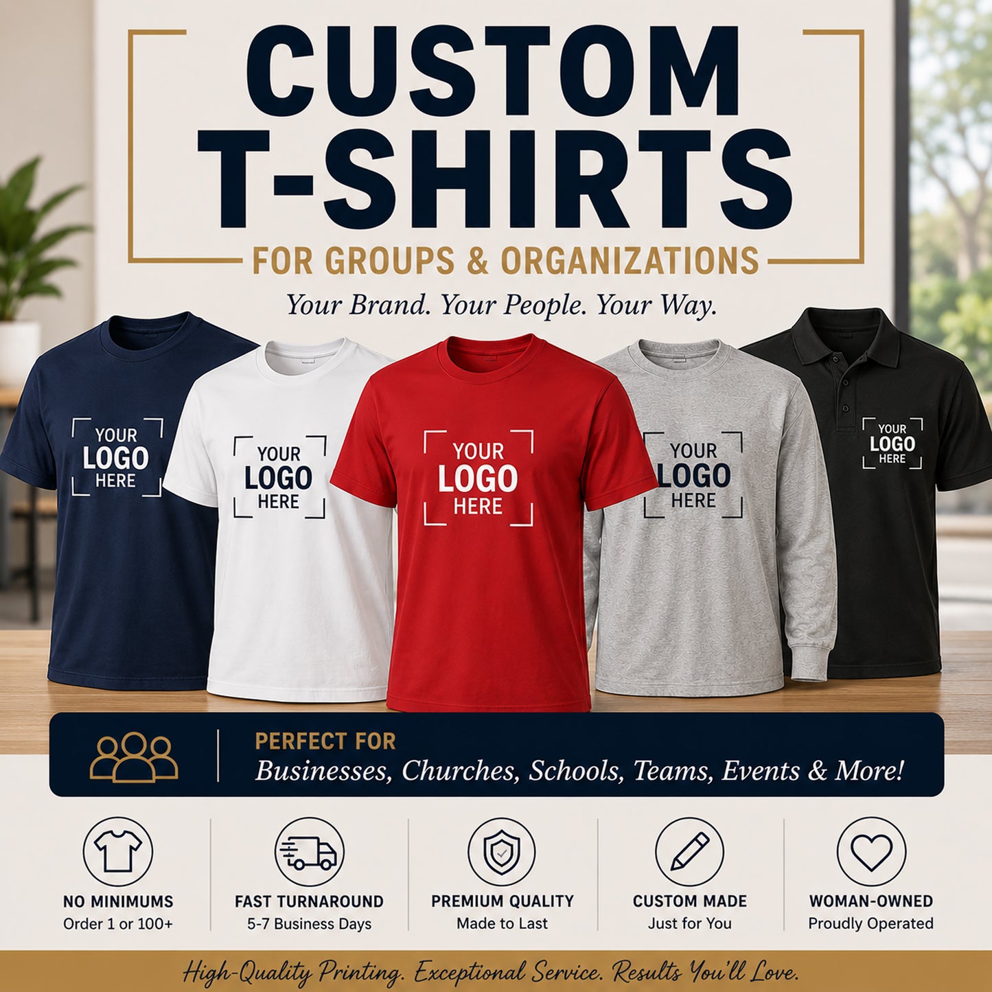 Promotional image of customizable t-shirts with text about custom options for groups and organizations.