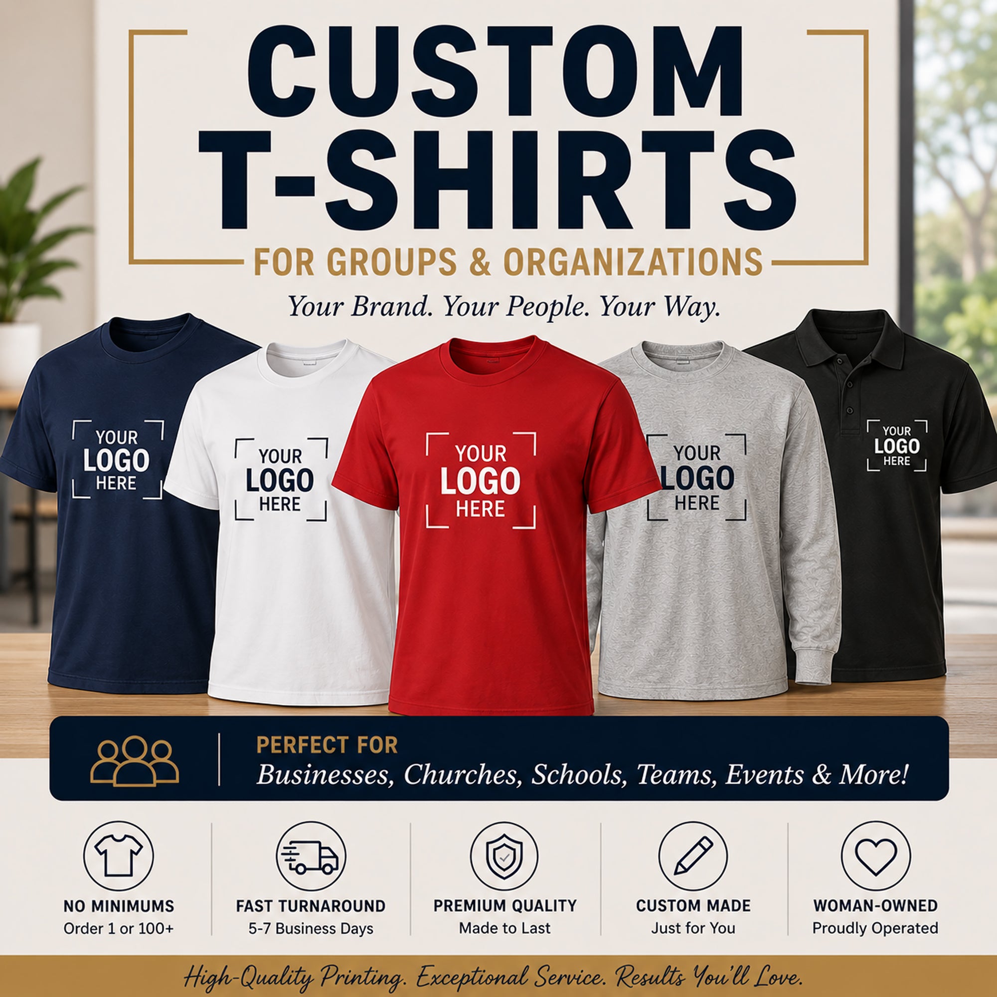 Promotional image of customizable t-shirts with text about custom options for groups and organizations.