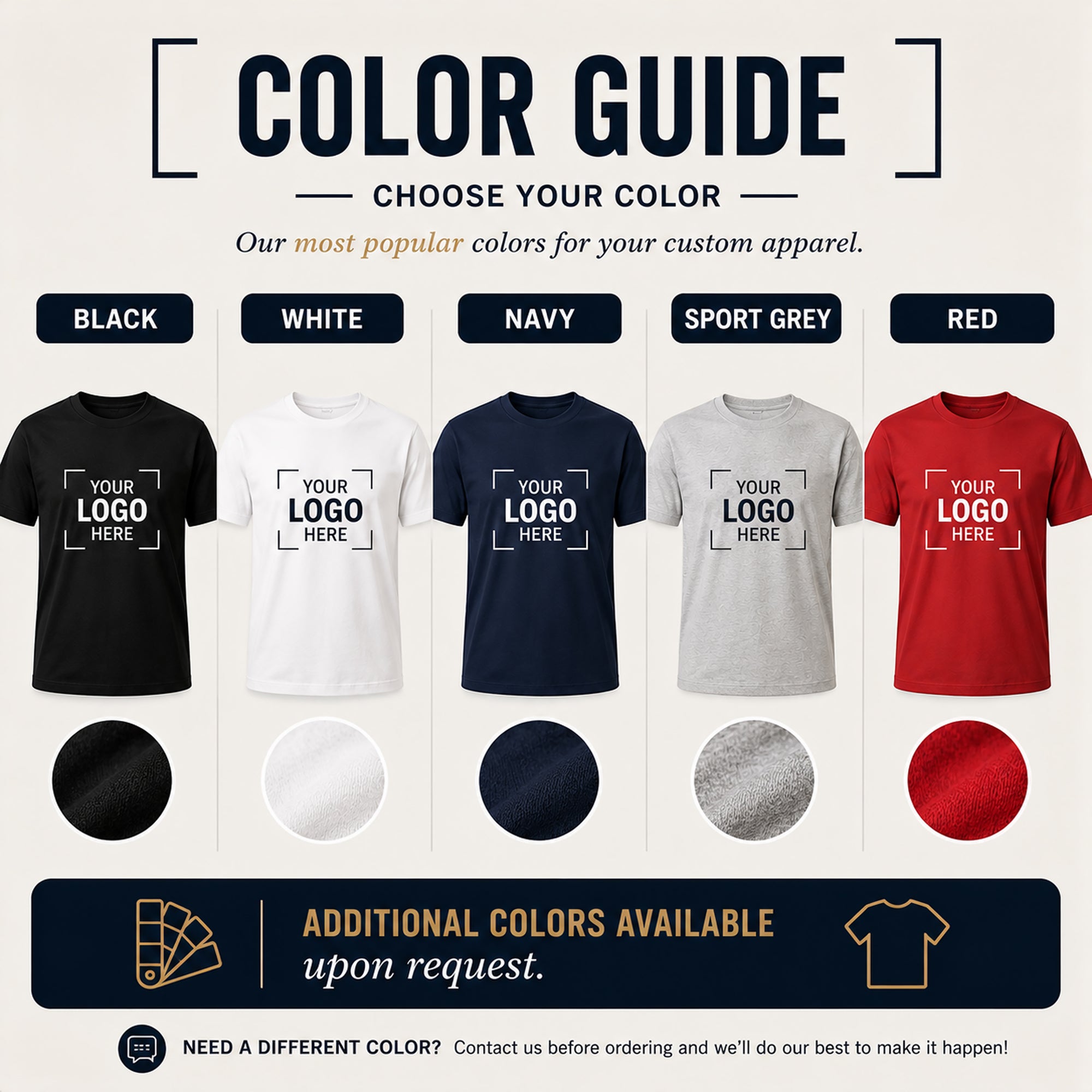 Color guide for customizable apparel with black, white, navy, sport grey, and red t-shirts.