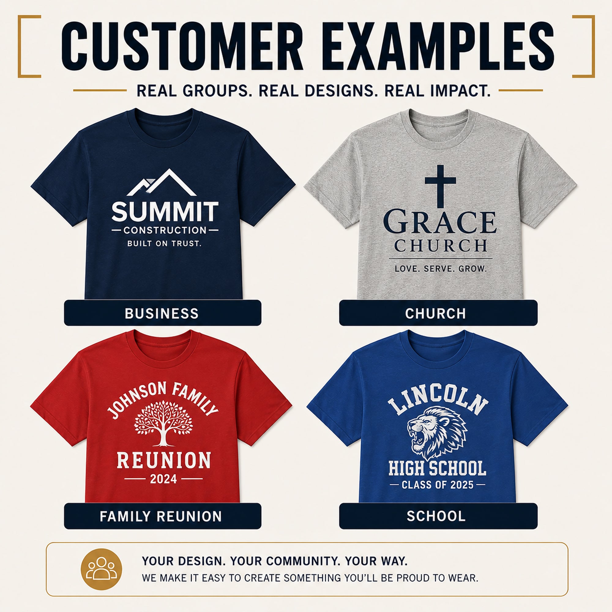 Four t-shirts with different designs and text, labeled for business, church, family reunion, and school.