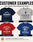 Four t-shirts with different designs and text, labeled for business, church, family reunion, and school.