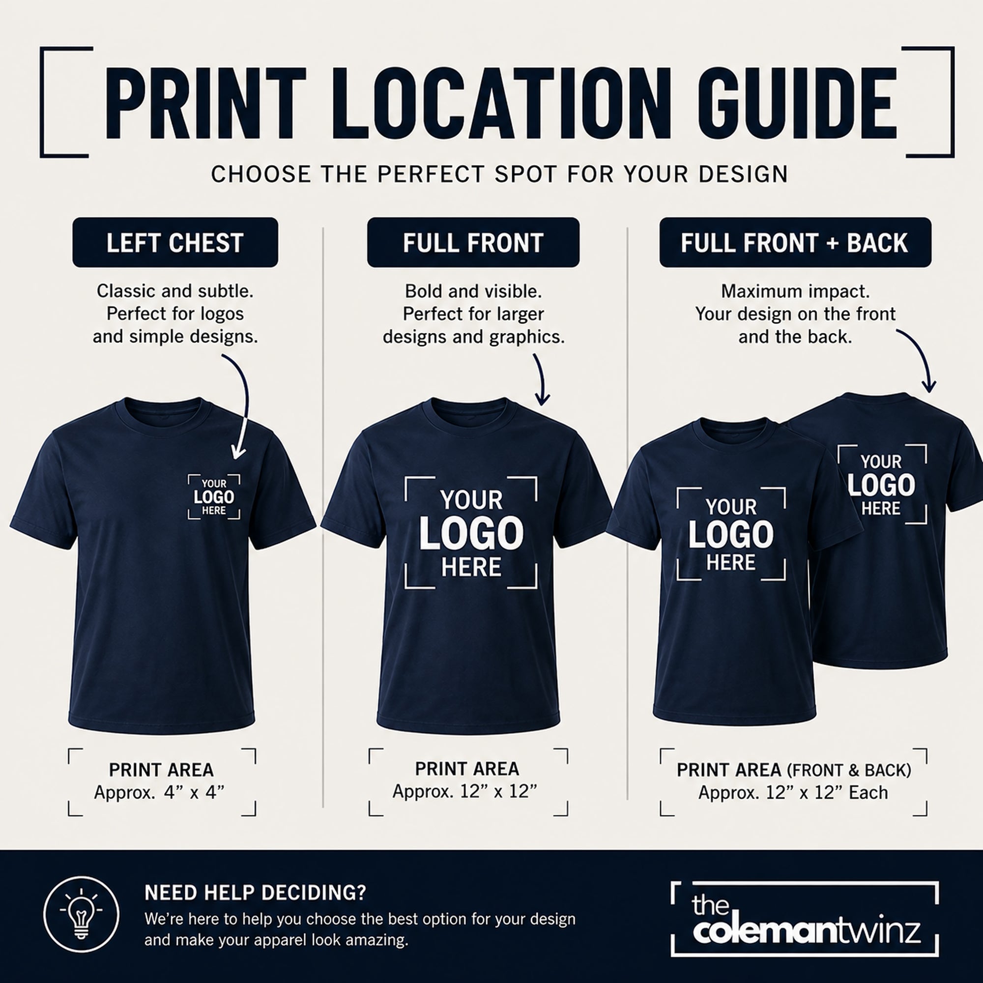 Print location guide for t-shirts with different design placements on a navy blue shirt.