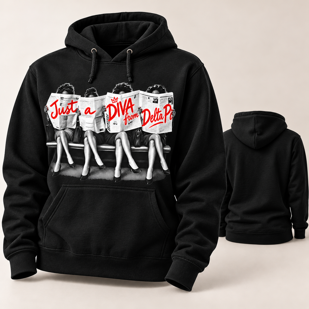 Black Just A Diva from Delta Pi pullover hoodie front and blank back
