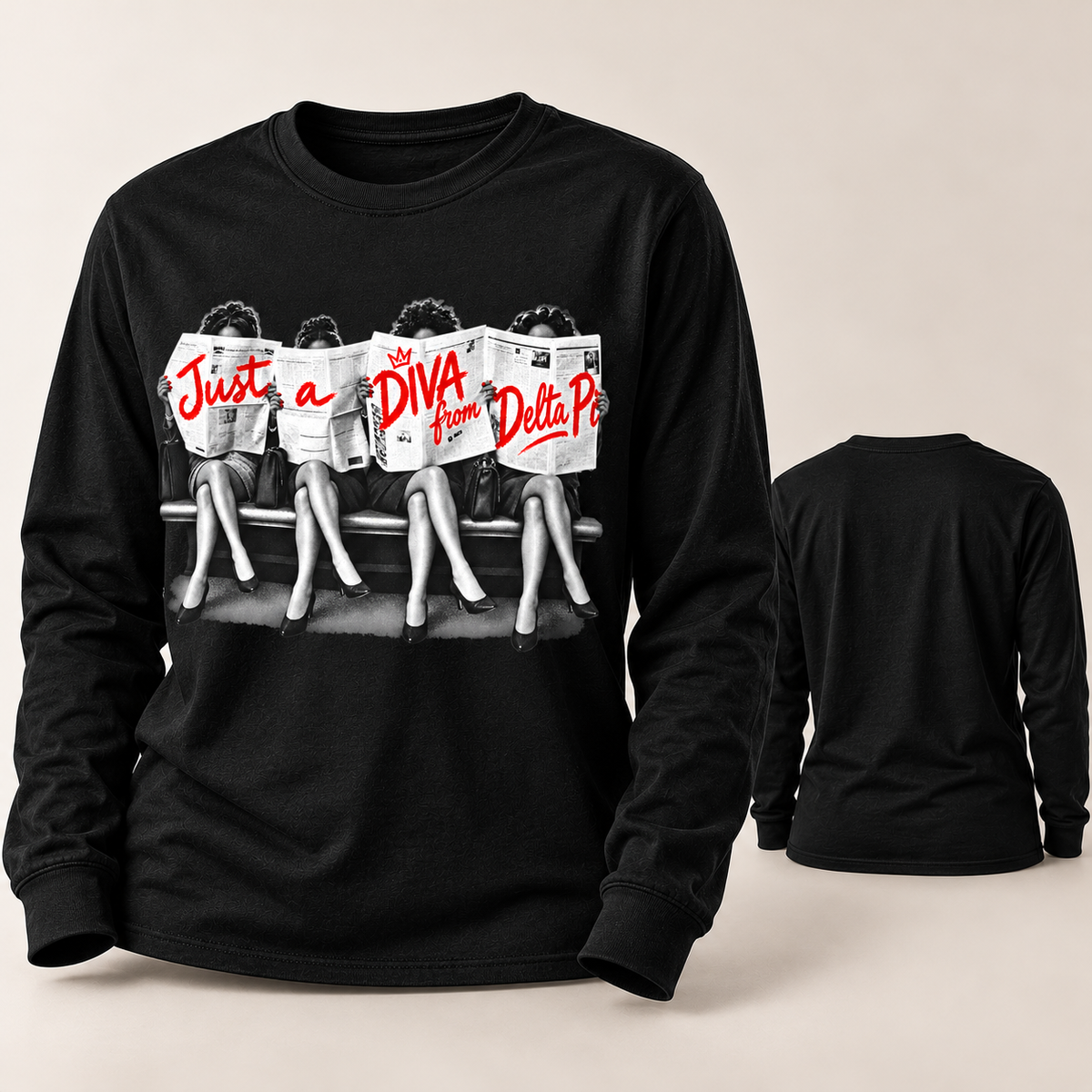Black Just A Diva from Delta Pi unisex long sleeve T-shirt front and blank back