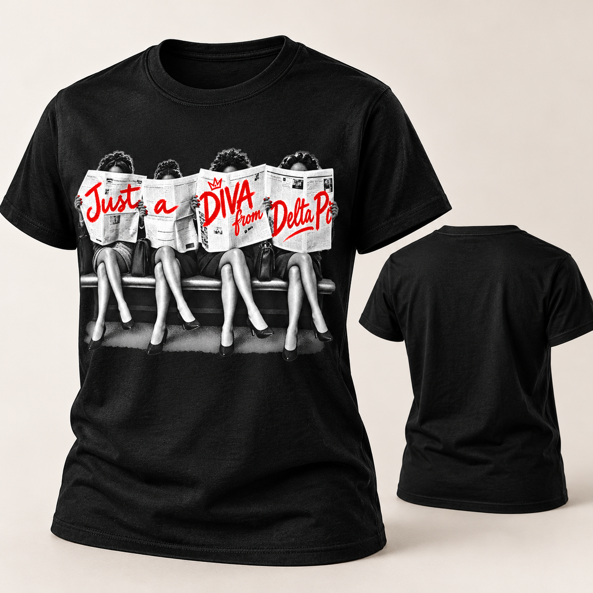 Black Just A Diva from Delta Pi short sleeve T-shirt front and blank back