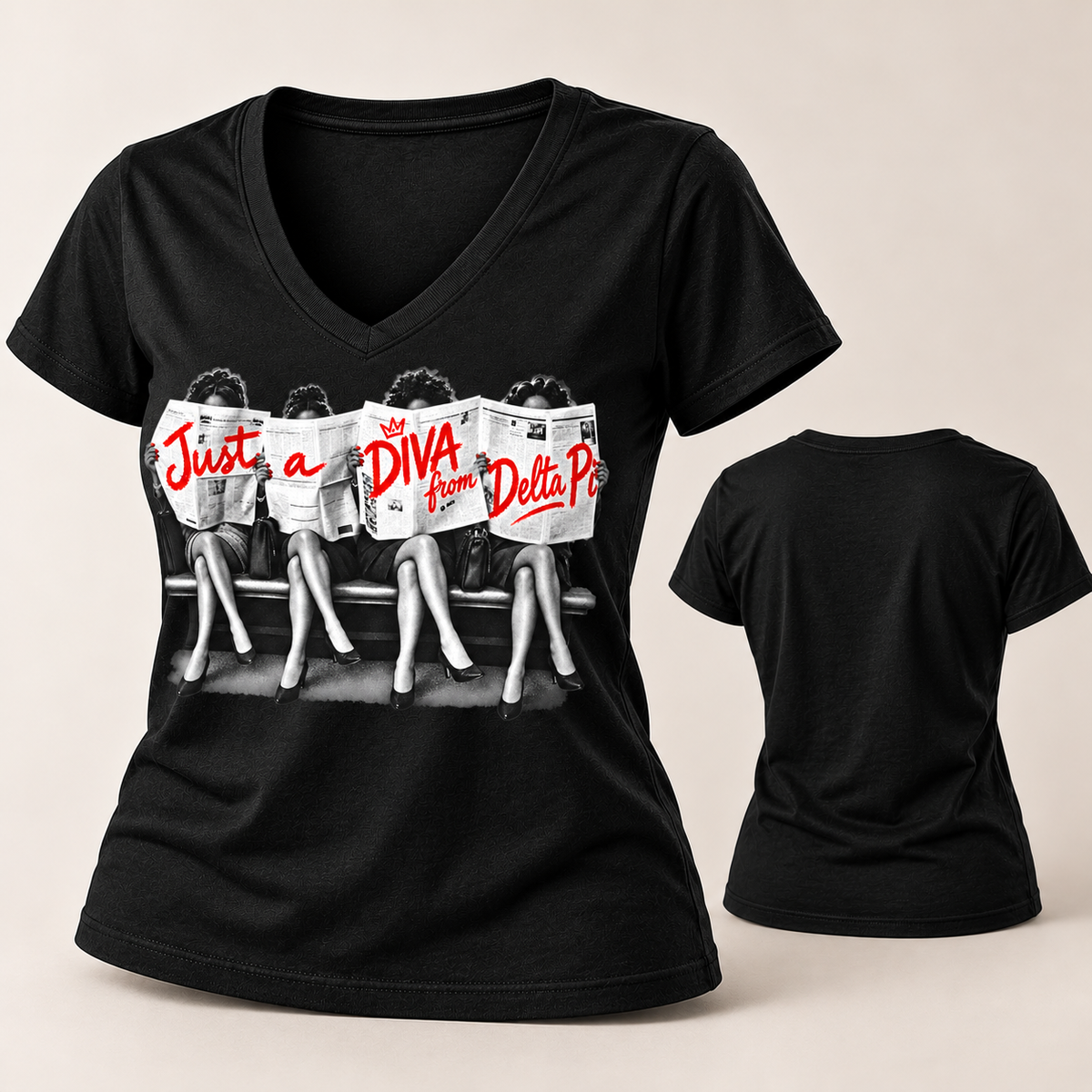 Black Just A Diva from Delta Pi women's V-neck T-shirt front and blank back