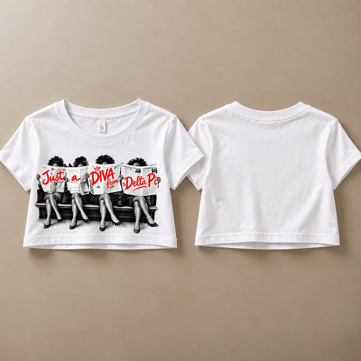 White Just A Diva from Delta Pi women's crop top front and blank back