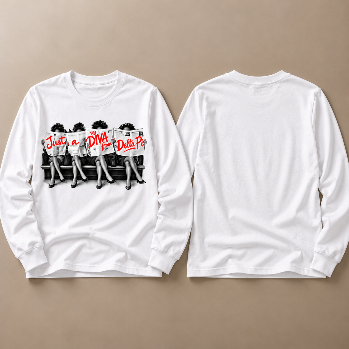 White Just A Diva from Delta Pi unisex long sleeve T-shirt front and blank back