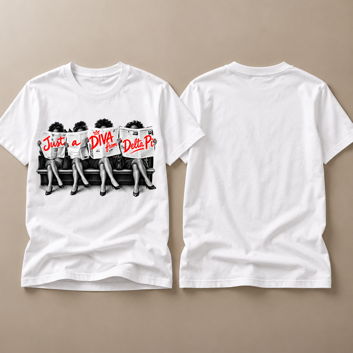 White Just A Diva from Delta Pi short sleeve T-shirt front and blank back