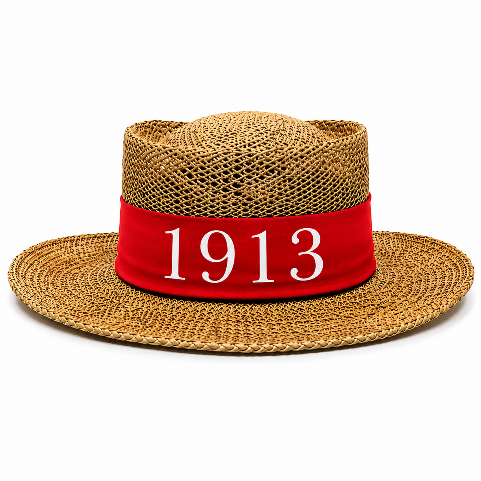 Straw hat with red band embroidered with “1913”