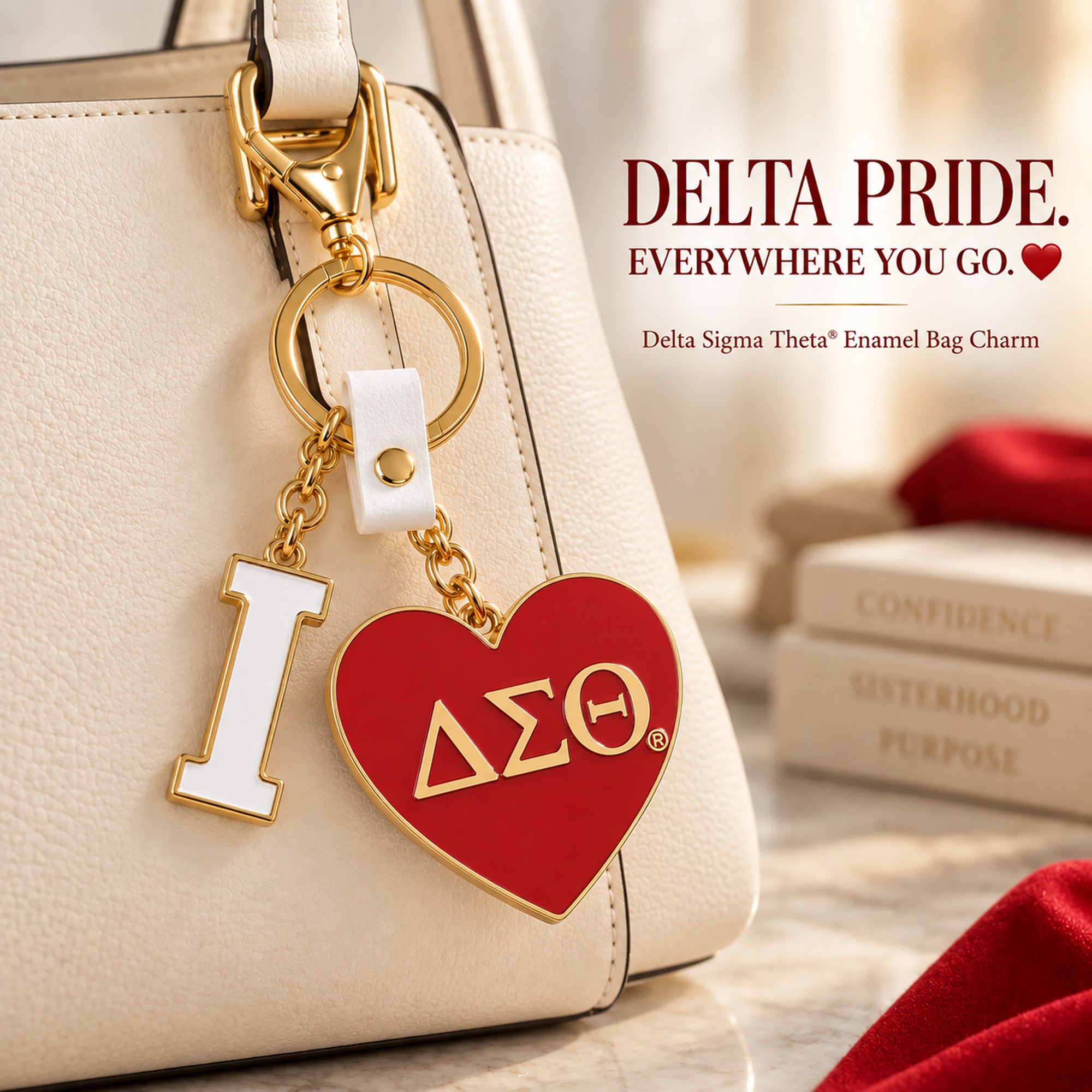 Delta Sigma Theta I Heart DST enamel charm attached to a cream handbag with polished gold-tone hardware