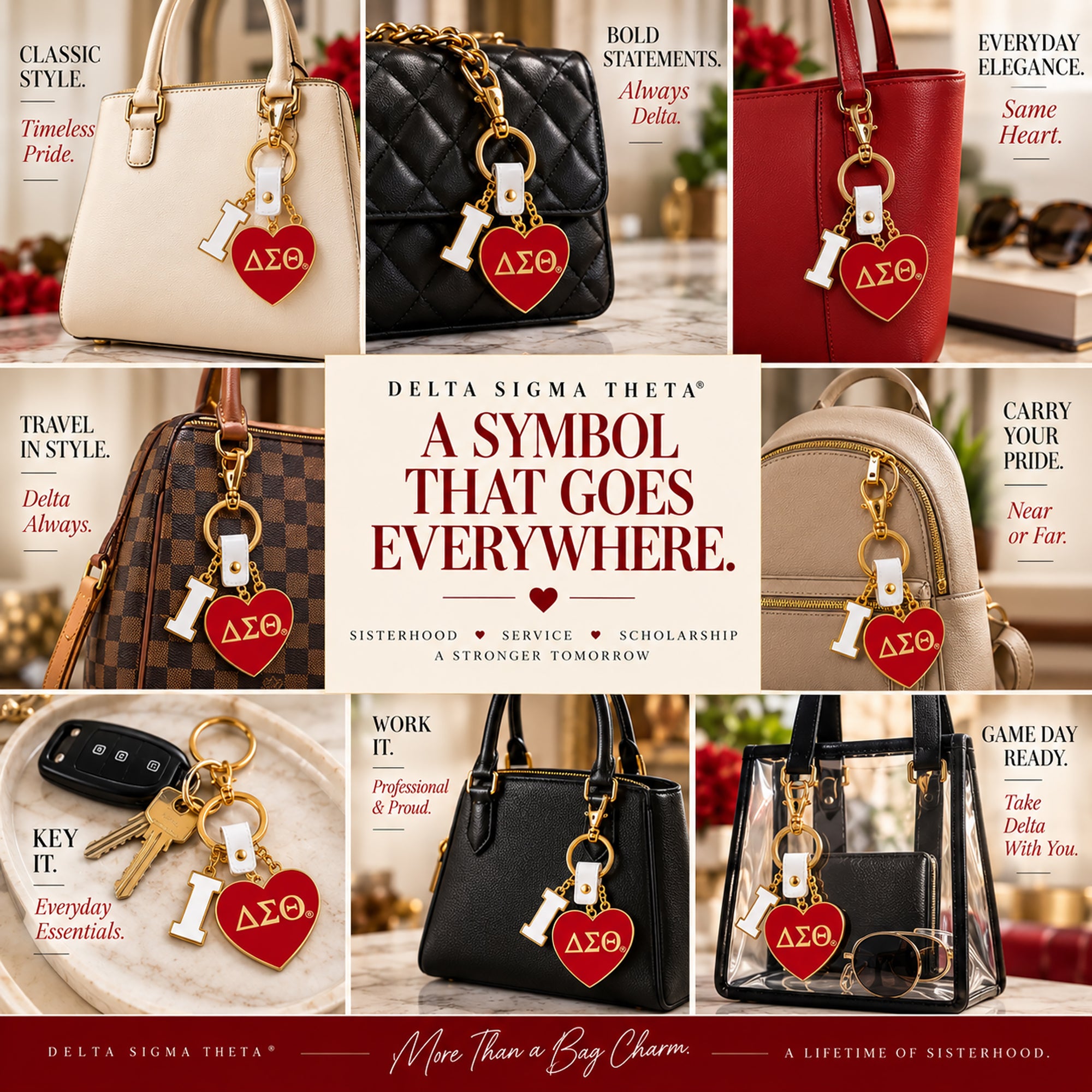 Delta Sigma Theta I Heart DST bag charm styled on cream, black, red and travel handbags and used with keys