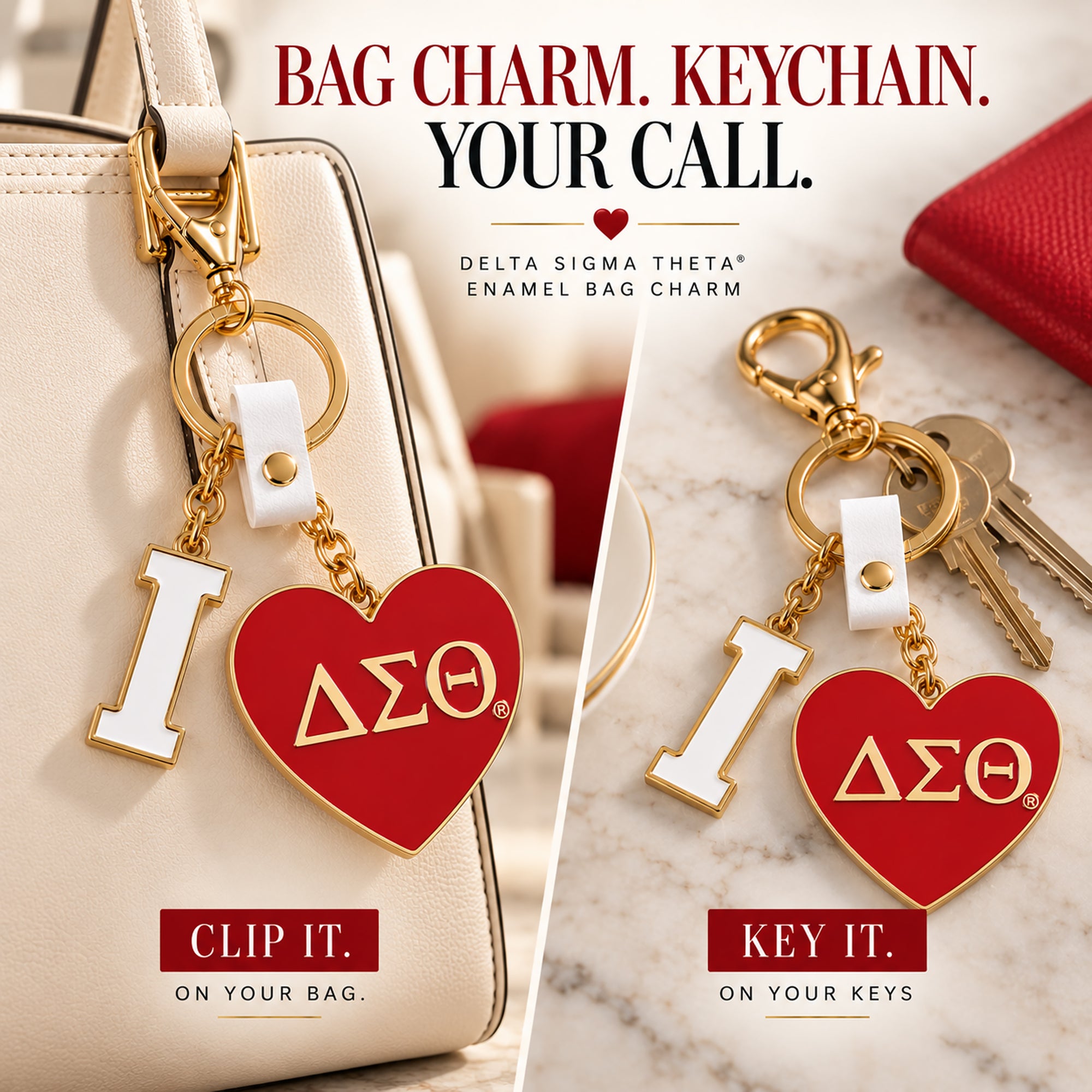 Delta Sigma Theta I Heart DST charm shown clipped to a handbag and used as a keychain