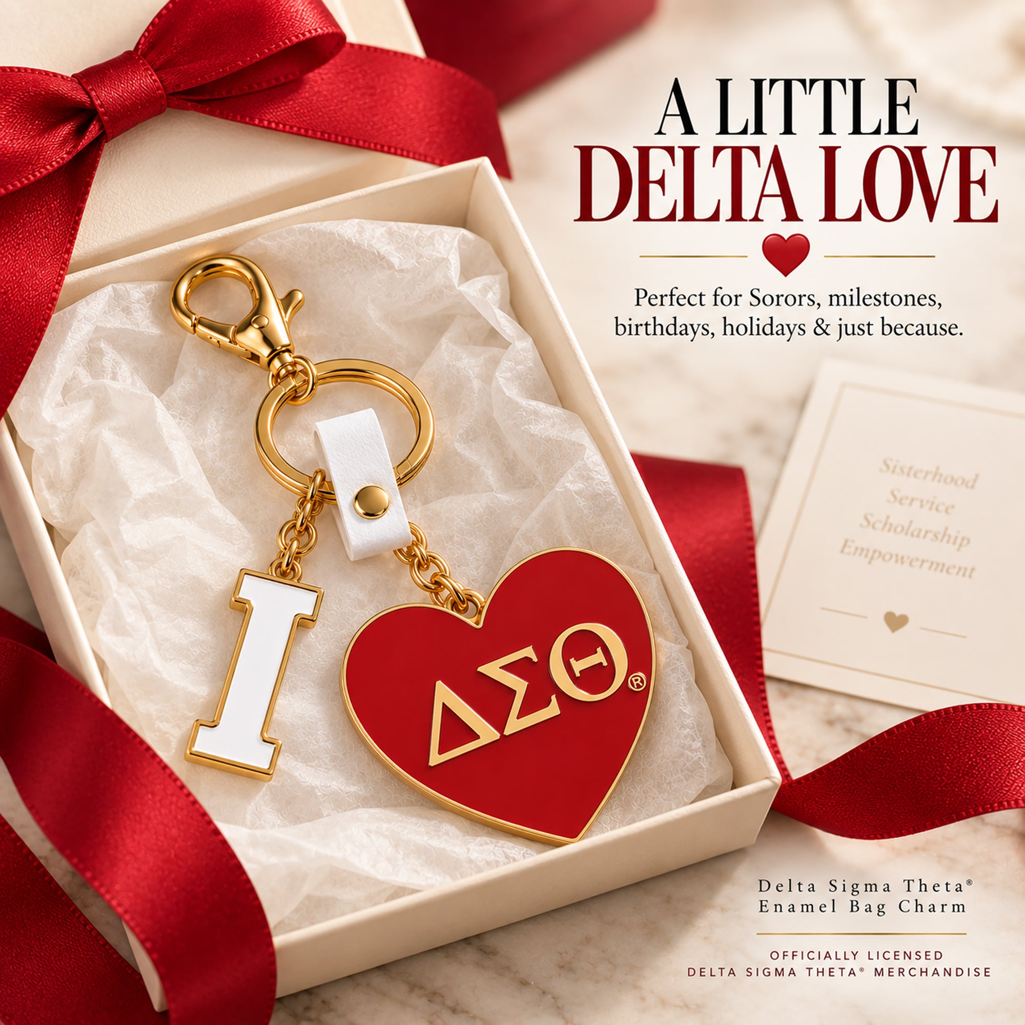 Delta Sigma Theta I Heart DST enamel bag charm presented as a Soror gift with cream packaging and crimson ribbon