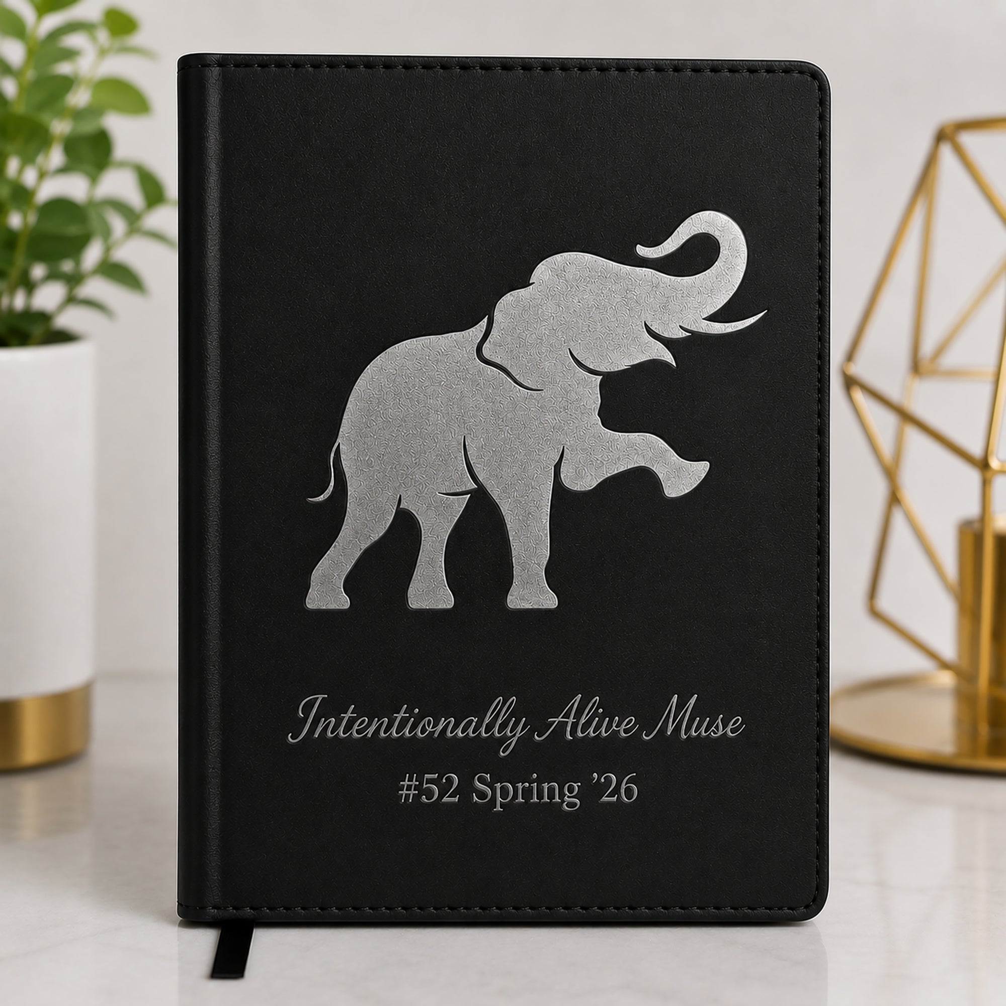 Black Delta Sigma Theta leatherette notebook with silver engraved elephant design and personalized line name Intentionally Alive Muse 