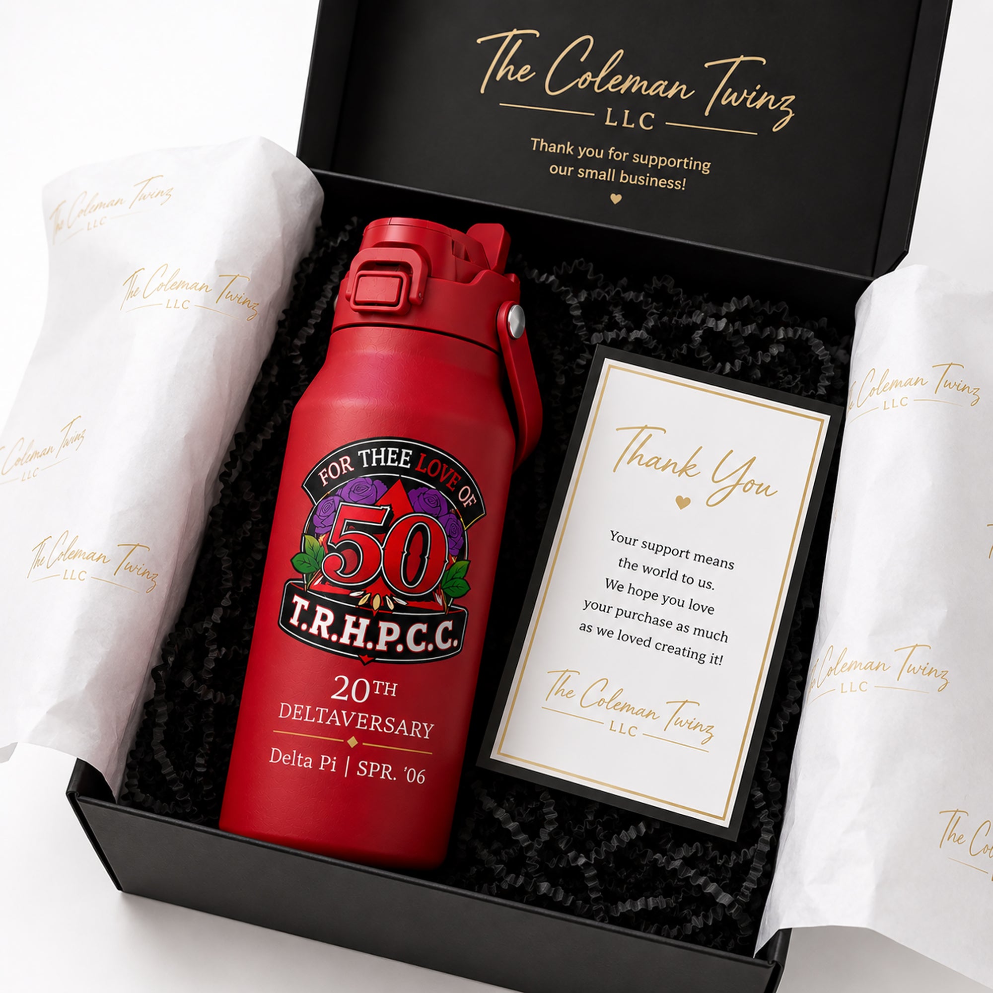 Crimson Frost Buddy Bottle Buddy presented in premium boutique gift packaging with tissue paper and The Coleman Twinz thank-you card.