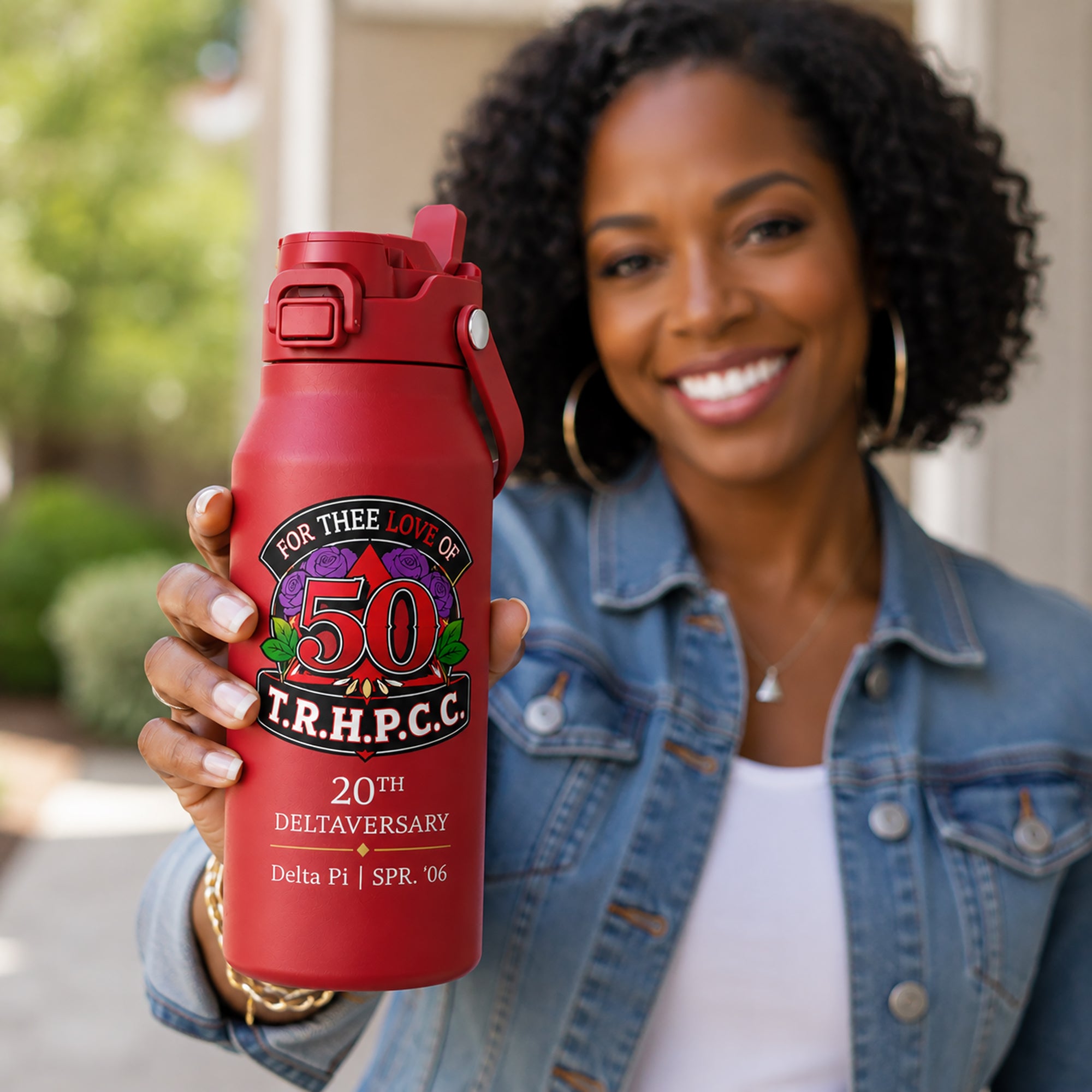 African American woman holding a personalized Crimson Frost Buddy Bottle Buddy featuring a Delta Sigma Theta 20th Deltaversary design.