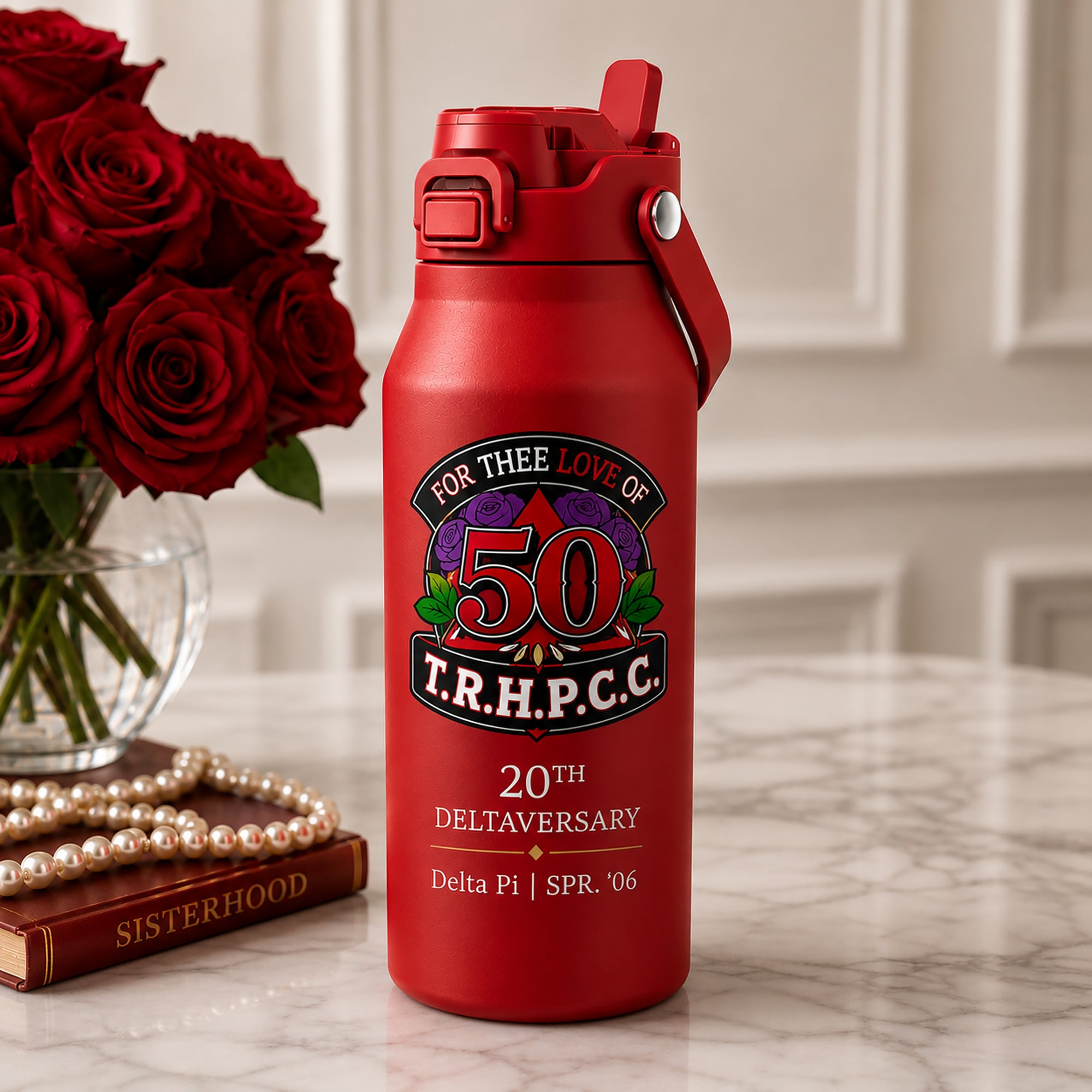 Crimson personalized Delta Sigma Theta Bottle Buddy displayed on a marble countertop in an elegant luxury gift setting.