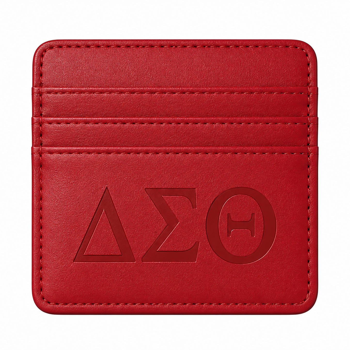 Front view of the Classic Crimson Delta Sigma Theta faux leather slim wallet with embossed Greek letters on a white background.
