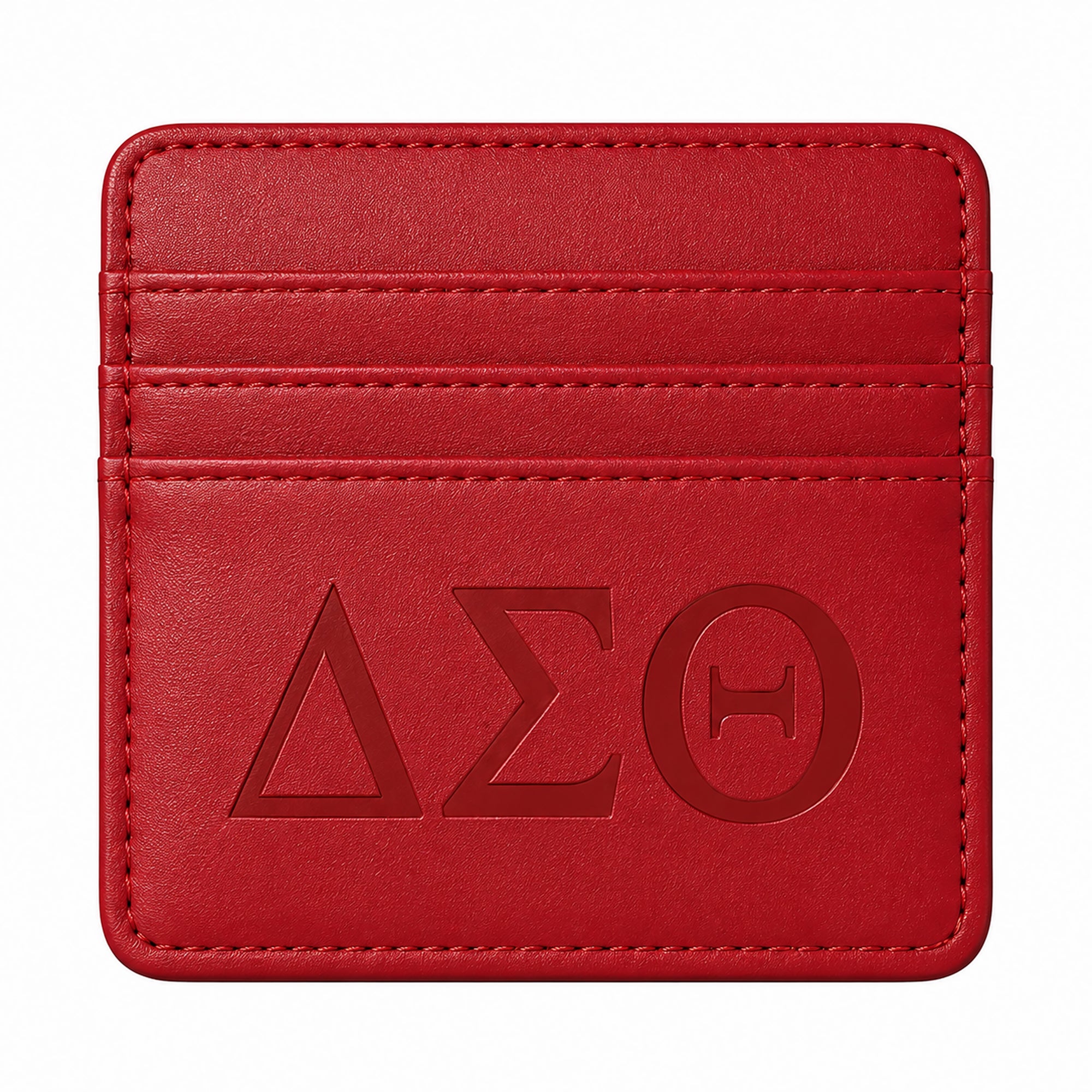 Front view of the Classic Crimson Delta Sigma Theta faux leather slim wallet with embossed Greek letters on a white background.