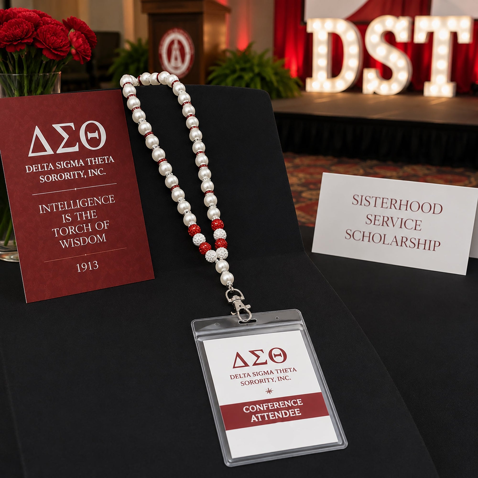 Delta Sigma Theta conference badge attached to pearl beaded lanyard necklace at a sorority event setting