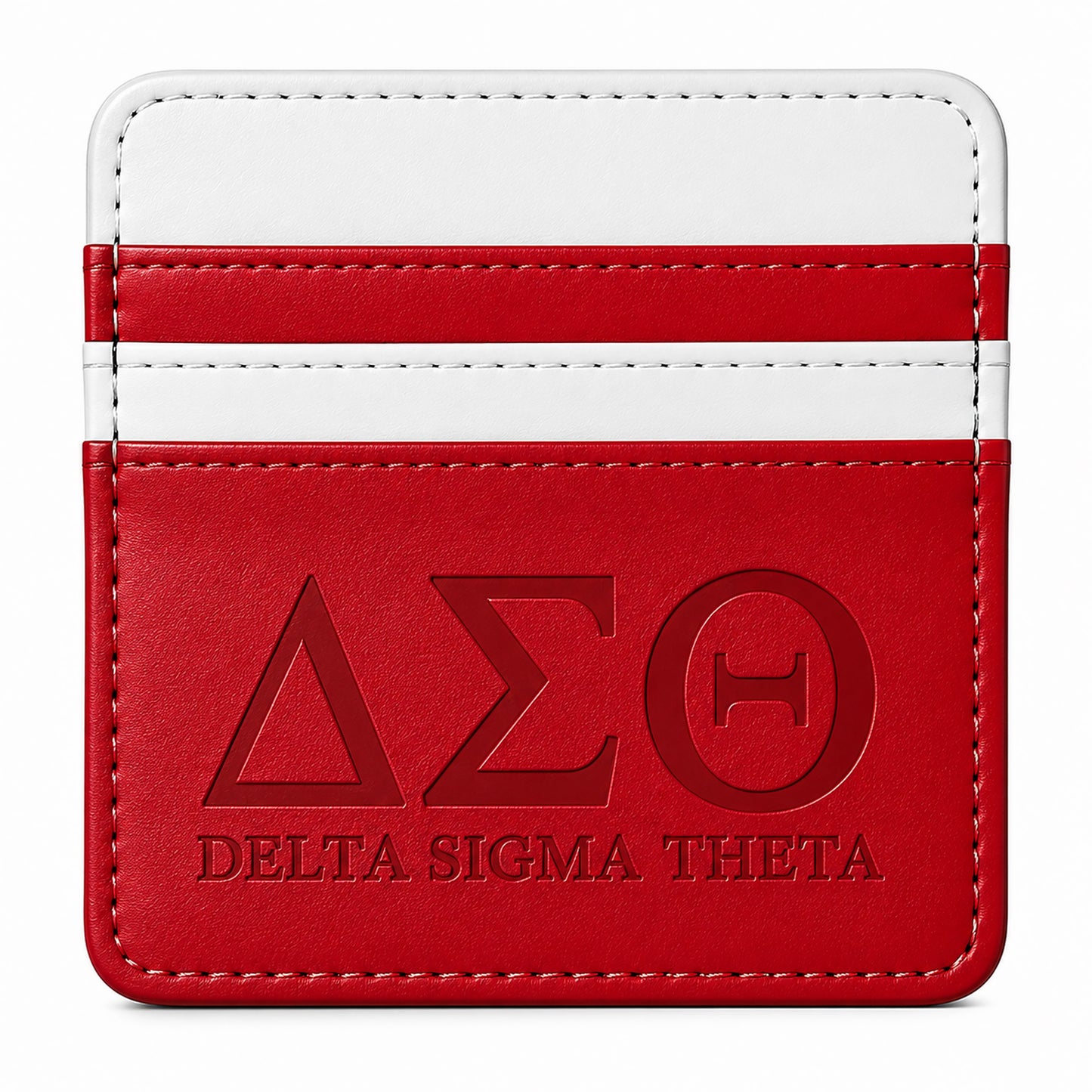 Front view of the Crimson & White Delta Sigma Theta faux leather slim wallet with embossed Greek letters on a white background.