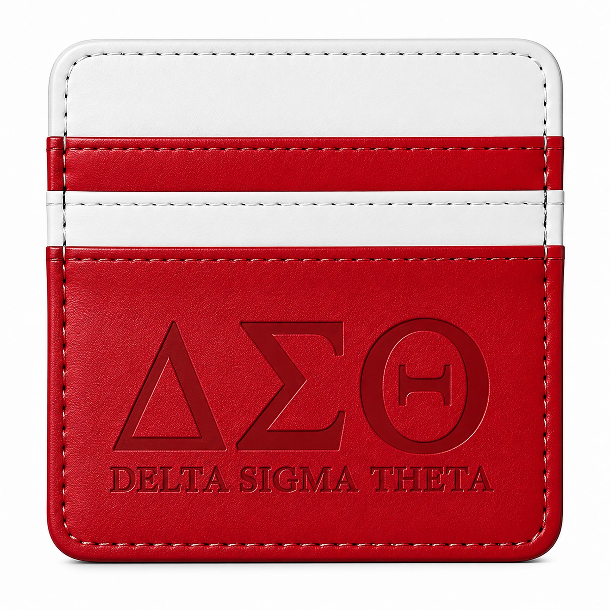 Front view of the Crimson &amp; White Delta Sigma Theta faux leather slim wallet with embossed Greek letters on a white background.