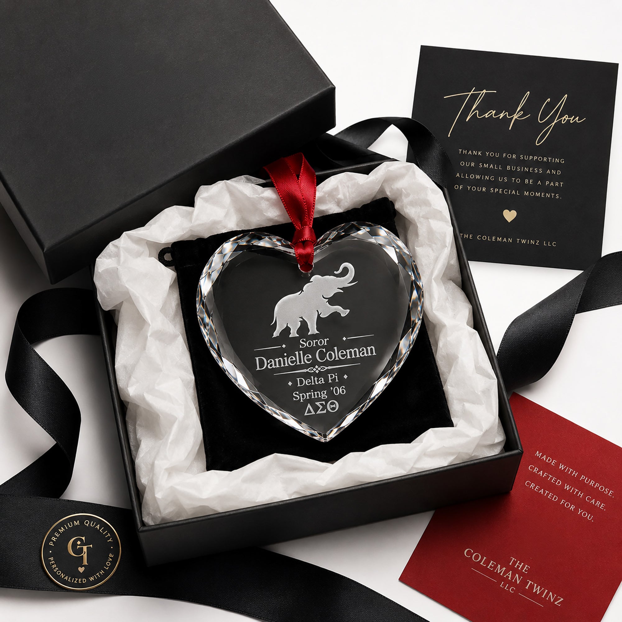 Gift packaged engraved crystal keepsake ready for gifting.