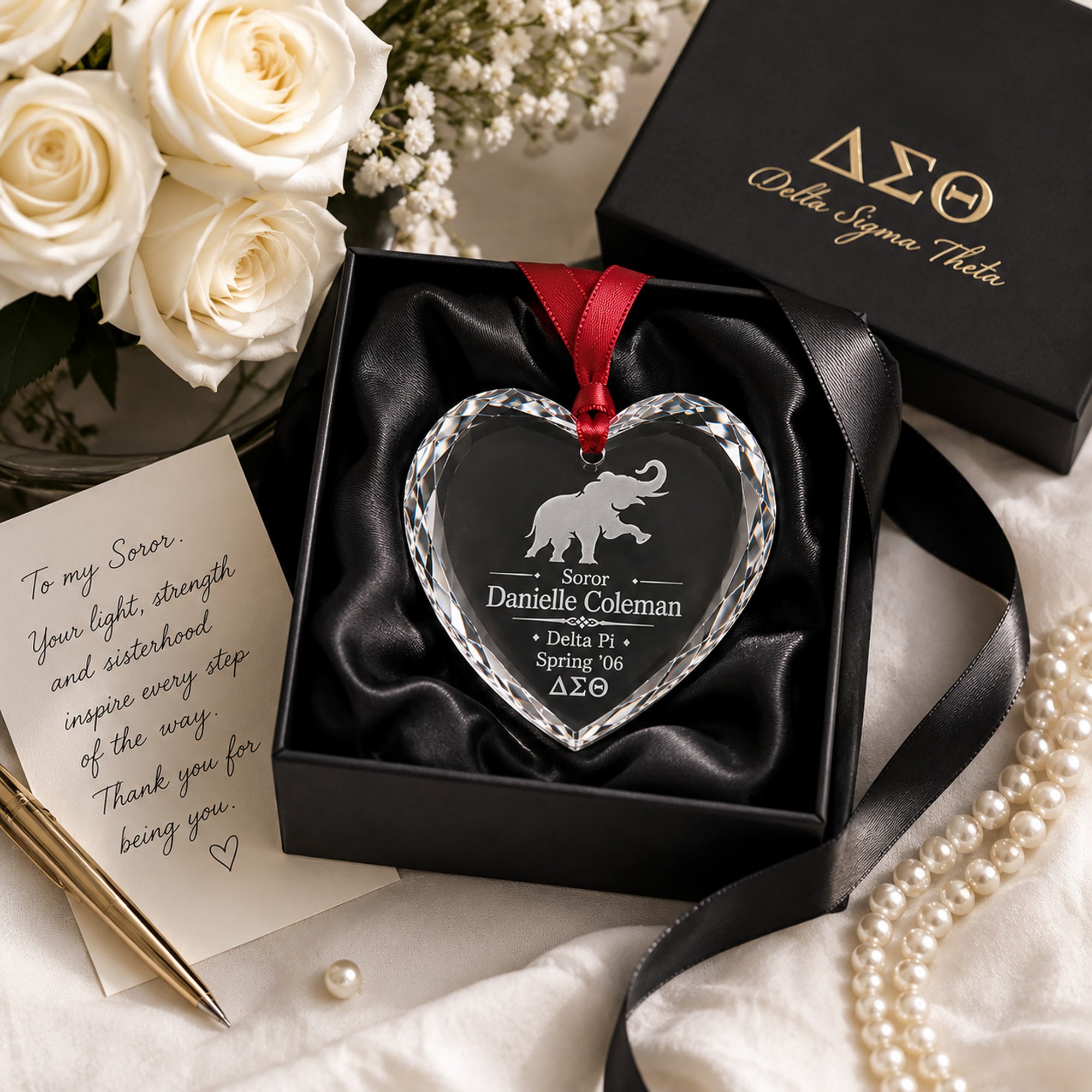 Luxury engraved crystal keepsake presented as a thoughtful Delta Sigma Theta gift.