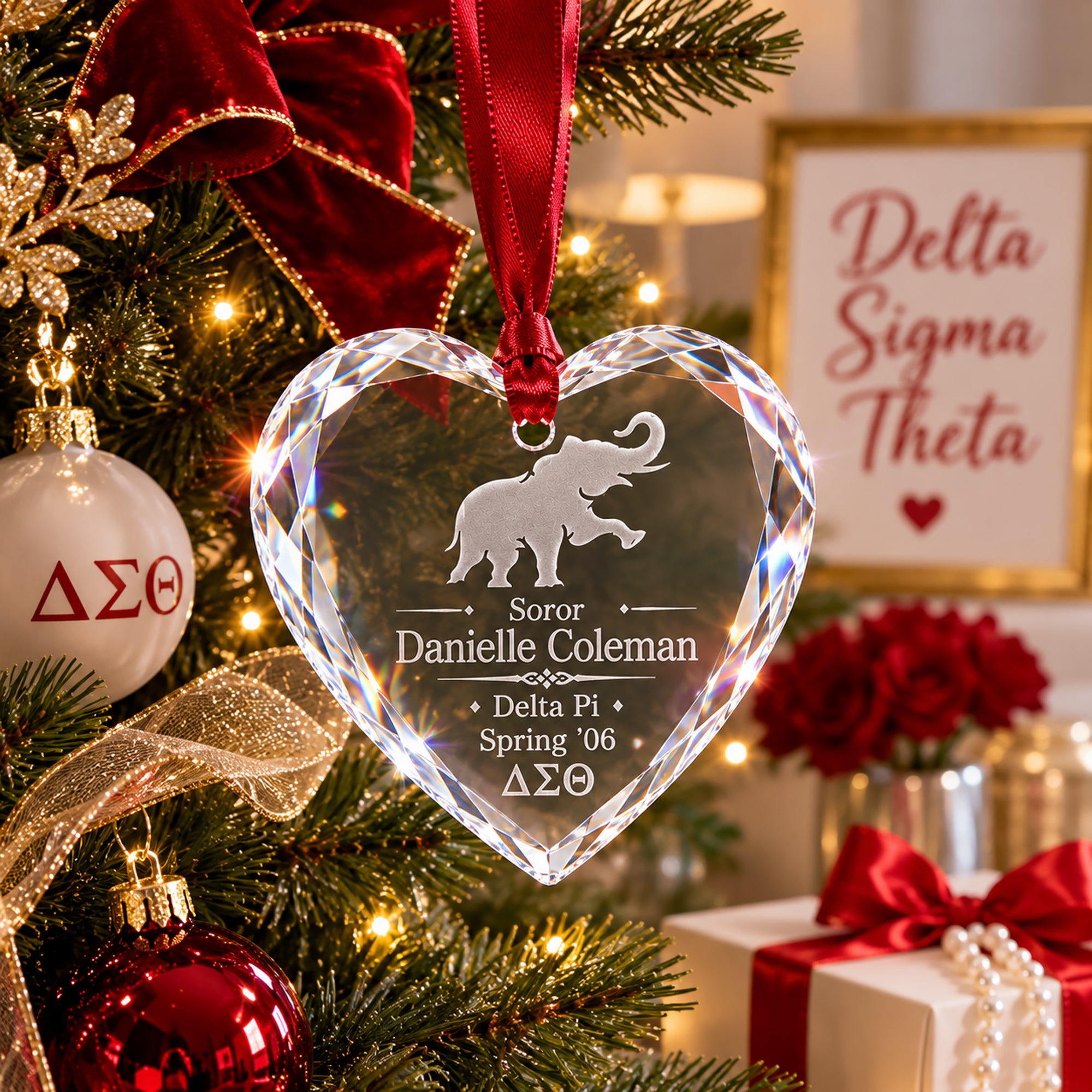 Laser engraved crystal heart ornament displayed on an elegant Christmas tree.