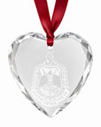 Officially licensed Delta Sigma Theta engraved crystal heart keepsake with shield design.