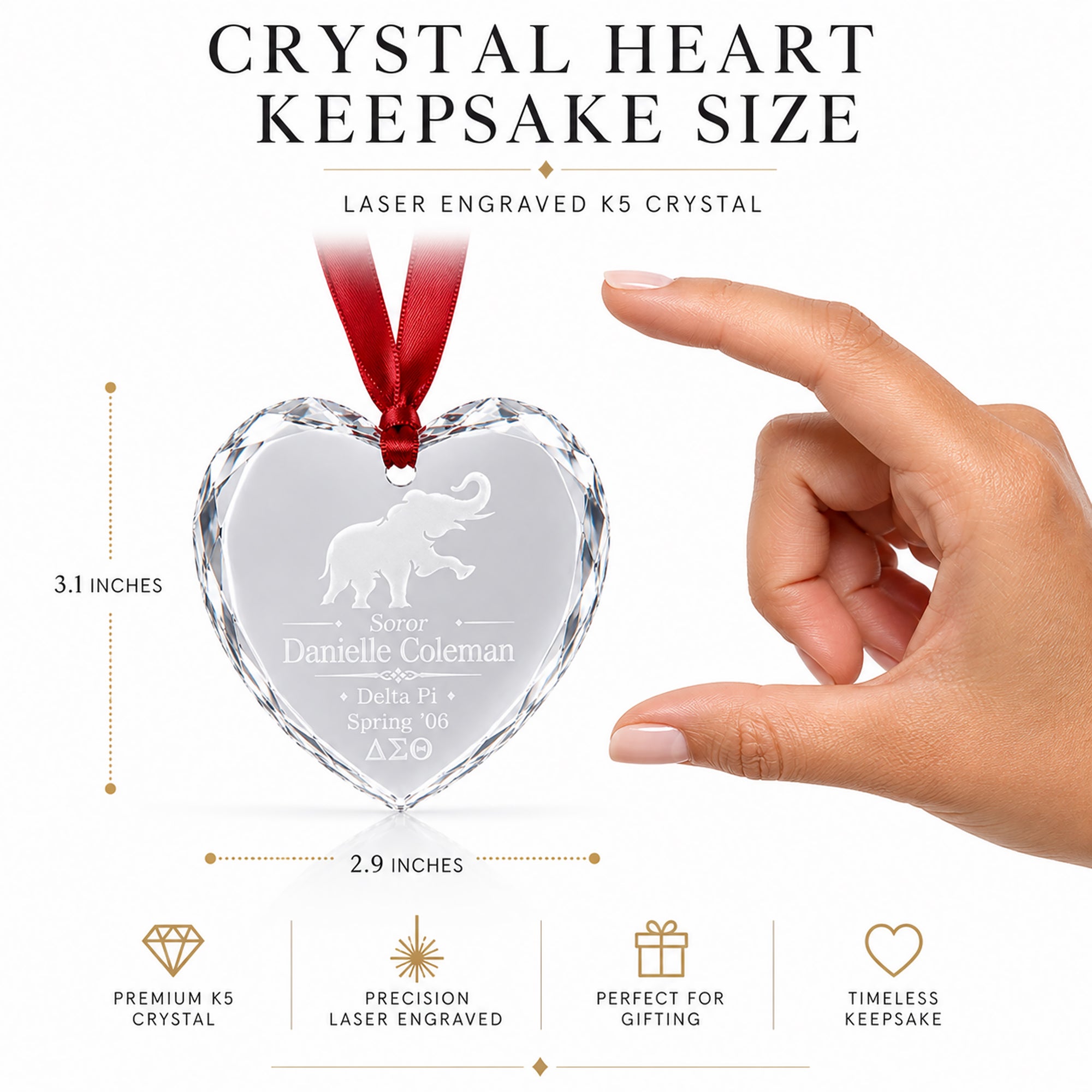 Size reference for engraved crystal heart keepsake.