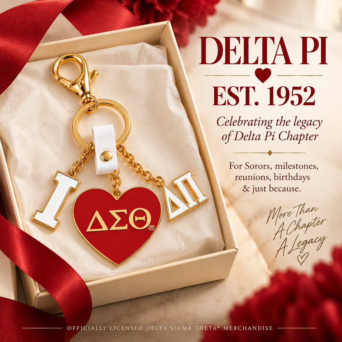 Delta Sigma Theta Delta Pi Chapter enamel bag charm presented as a Soror gift celebrating the chapter legacy since 1952