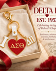 Delta Sigma Theta Delta Pi Chapter enamel bag charm presented as a Soror gift celebrating the chapter legacy since 1952