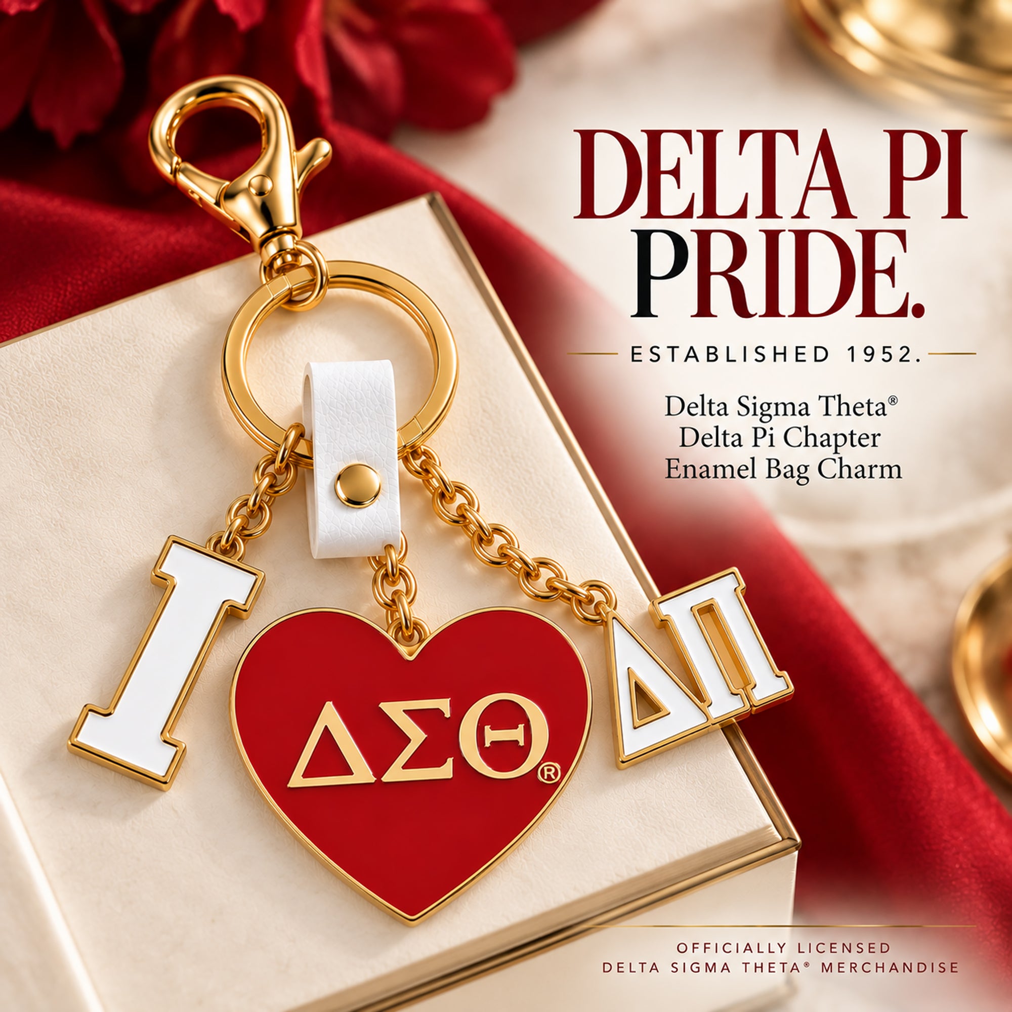 Delta Sigma Theta Delta Pi Chapter enamel bag charm featuring a crimson ΔΣΘ heart and white ΔΠ chapter charm