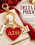Delta Sigma Theta Delta Pi Chapter enamel bag charm featuring a crimson ΔΣΘ heart and white ΔΠ chapter charm