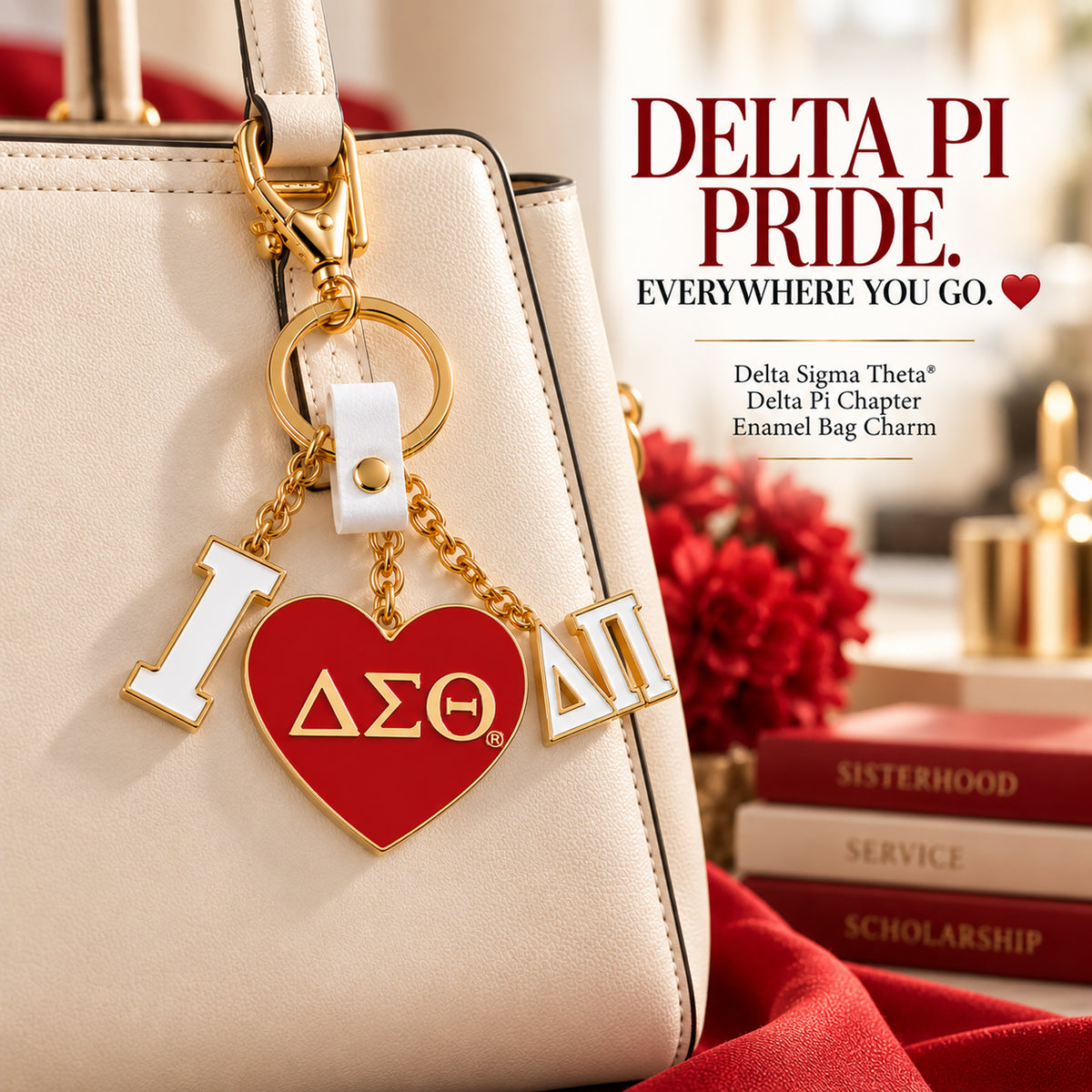 Delta Sigma Theta Delta Pi enamel bag charm attached to an elegant cream handbag with polished gold-tone hardware