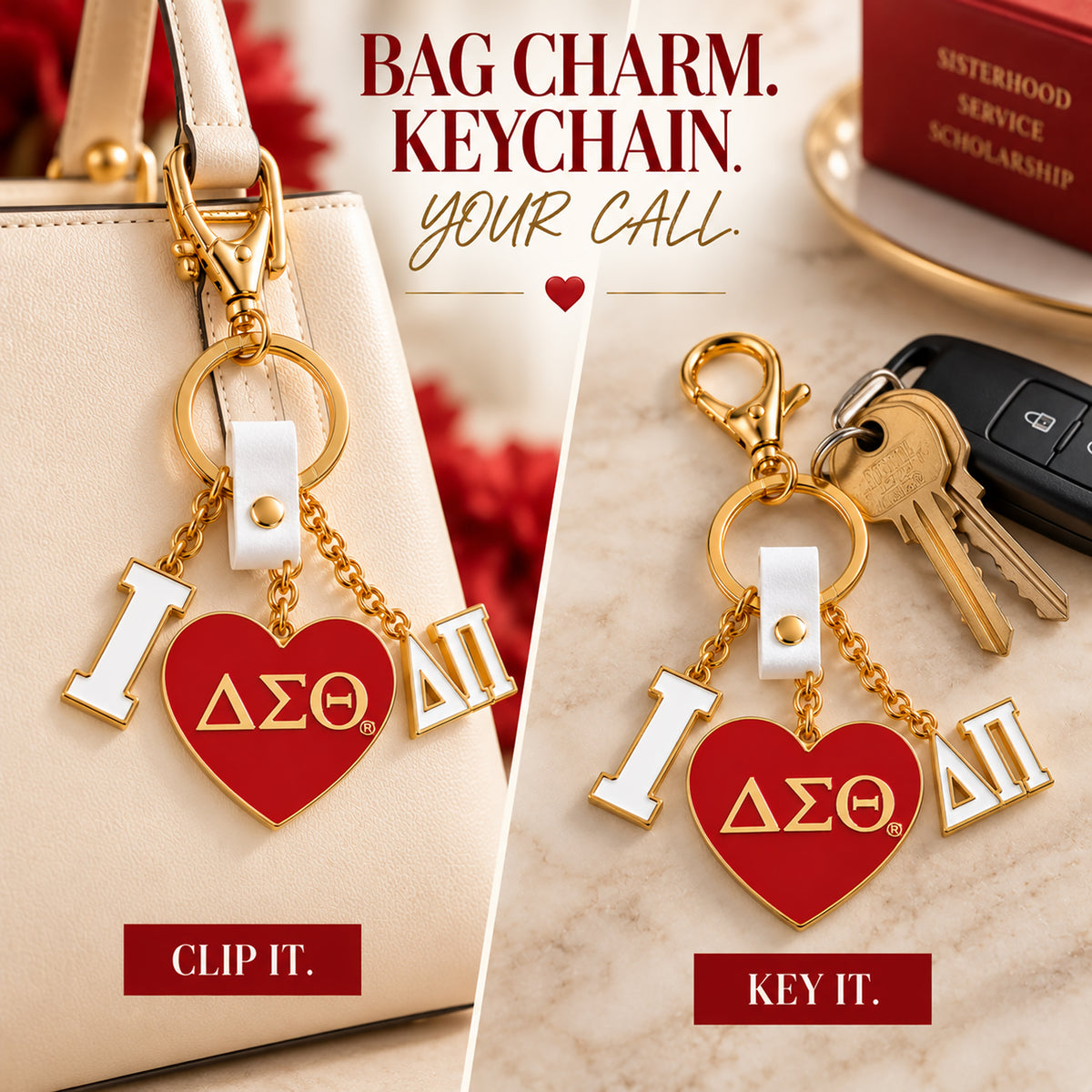 Delta Sigma Theta Delta Pi charm shown clipped to a cream handbag and used as a keychain with gold-tone hardware