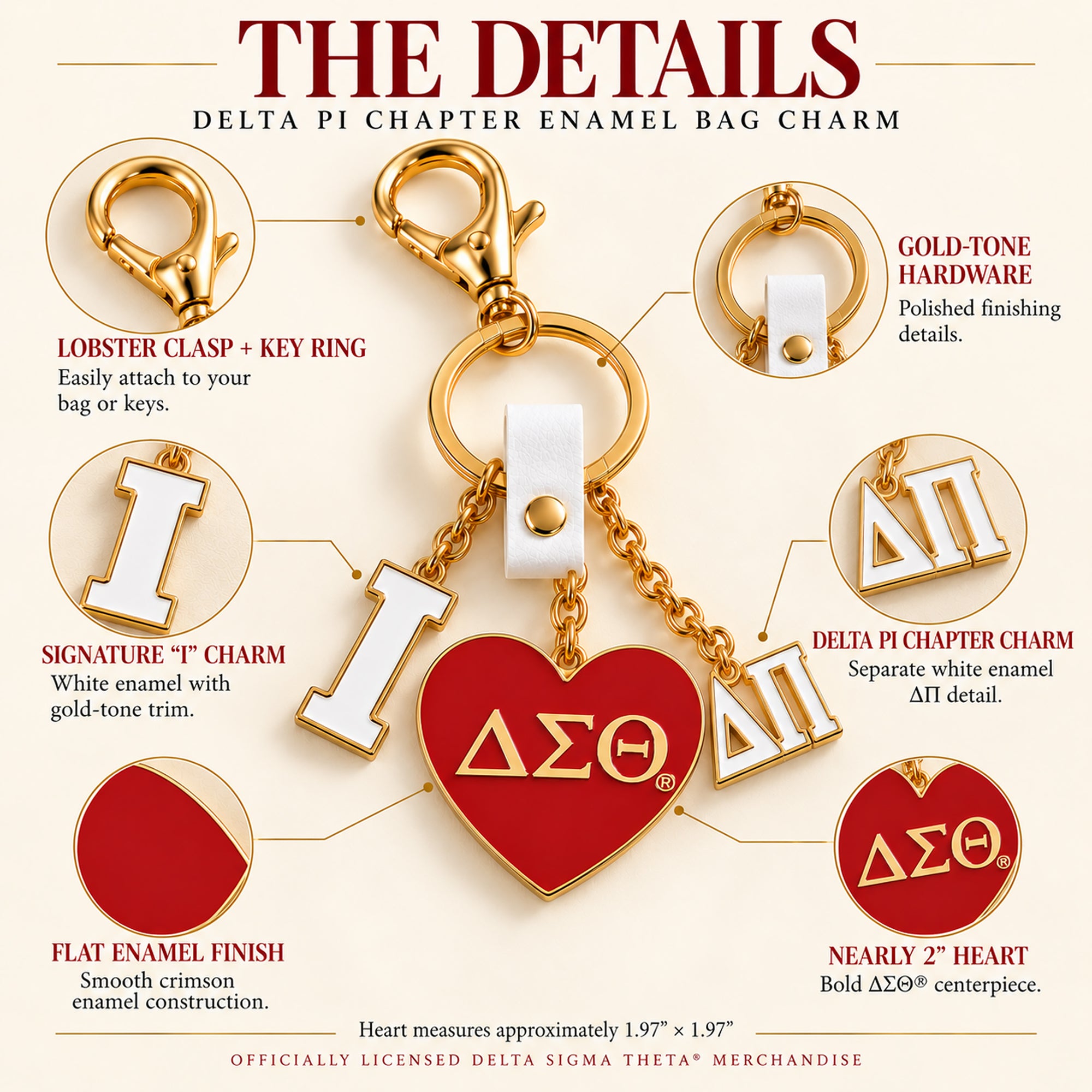 Delta Pi Chapter bag charm details showing flat crimson ΔΣΘ enamel heart, white ΔΠ charm, lobster clasp and key ring