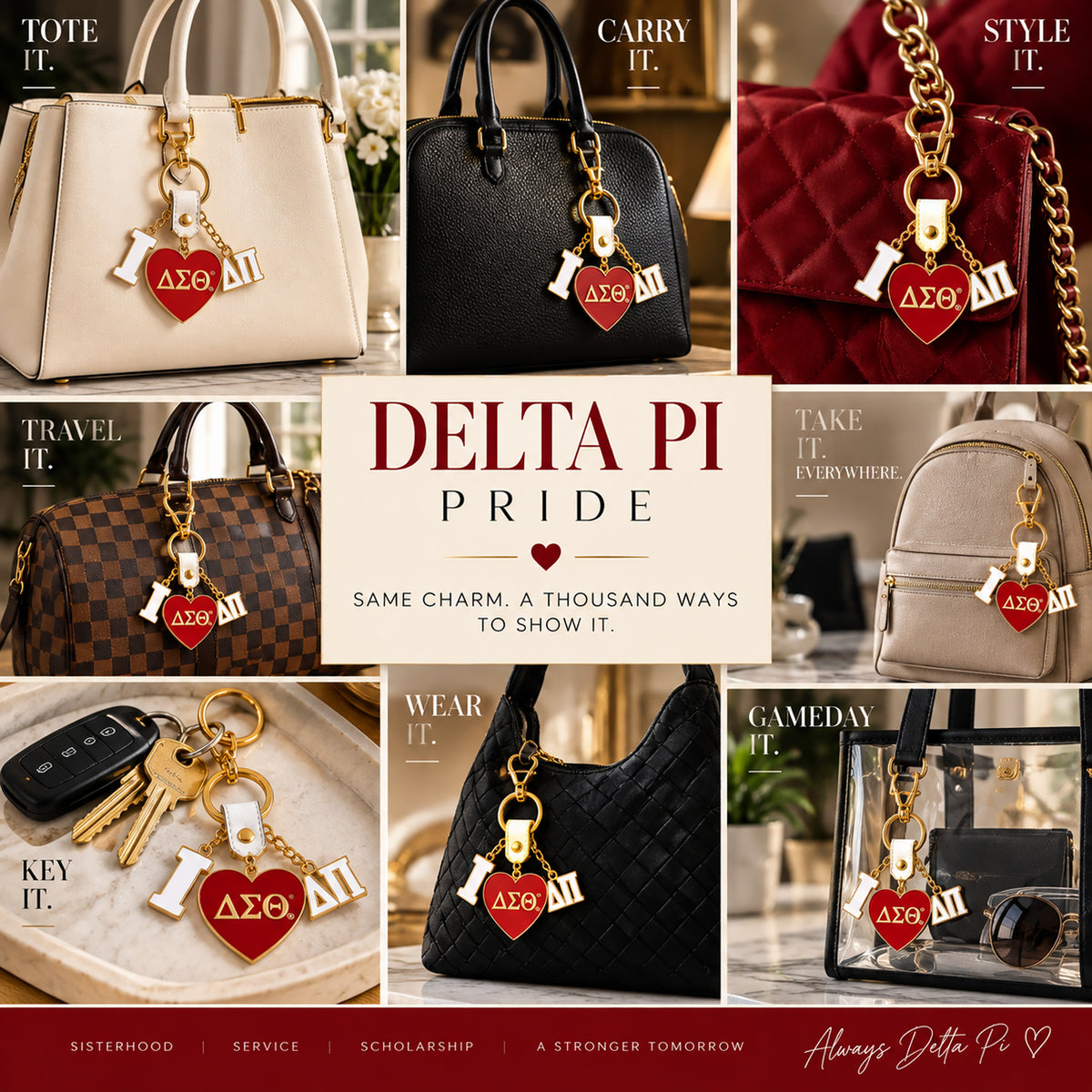 Delta Sigma Theta Delta Pi enamel bag charm styled on cream, black, crimson and travel handbags and used as a keychain